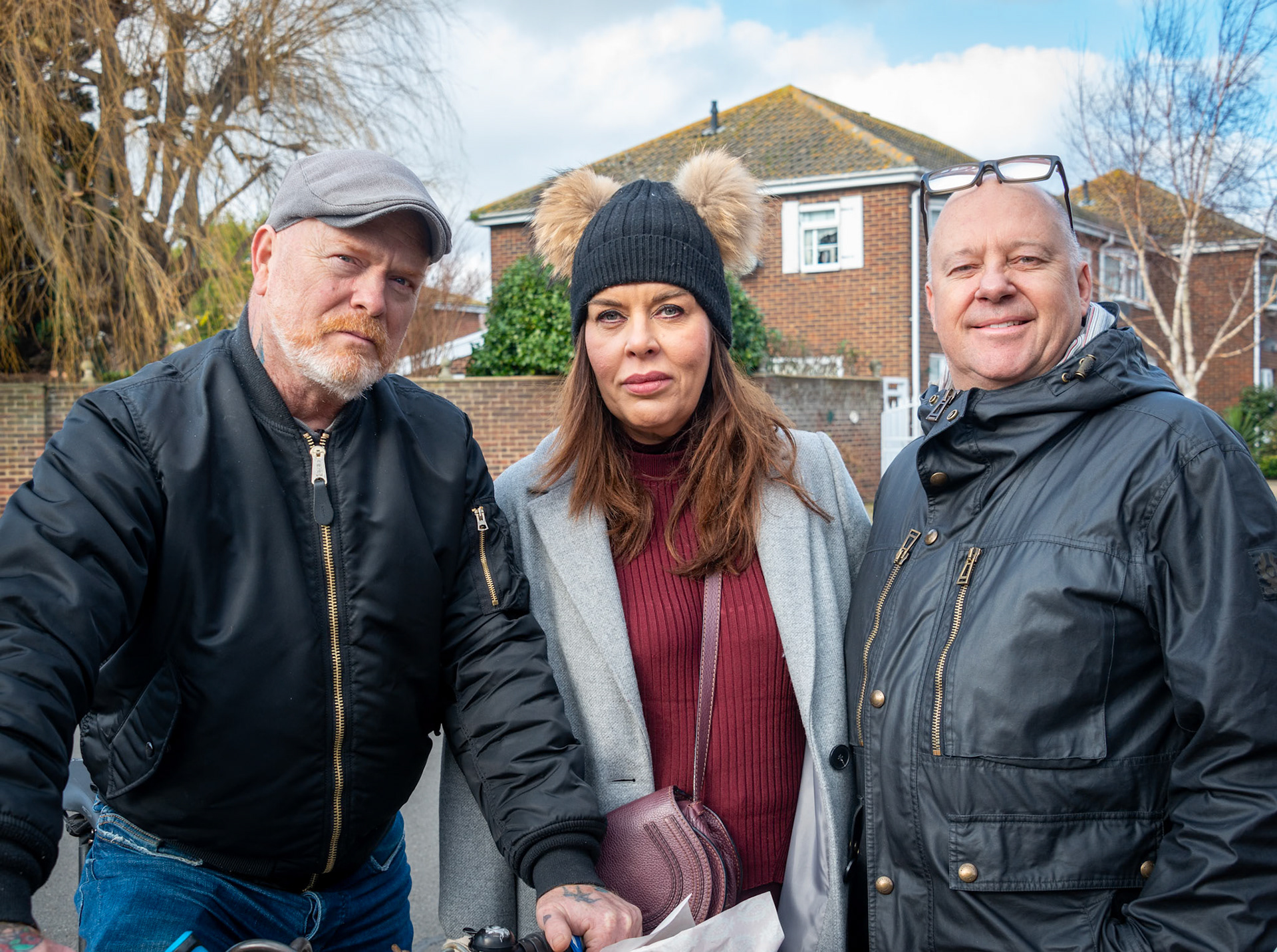 Grant, a retired antique dealer and DJ; Elizabeth, a director at the LSE; and, Jon a tech guy. Outside Bloody Mary's, High Street, 1st February, 2025.