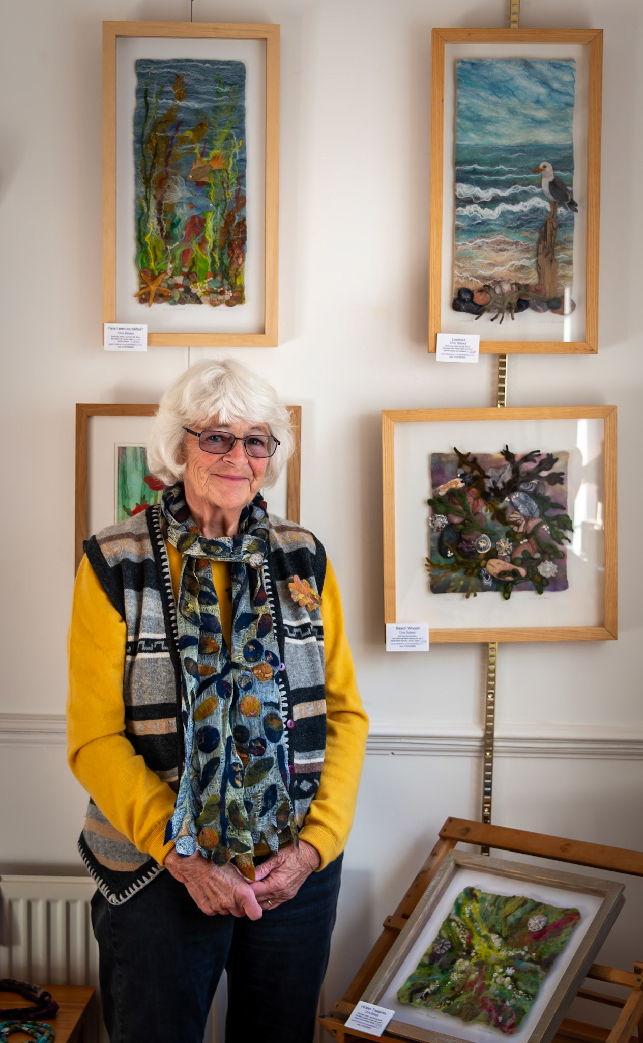 Chris Birbeck showing her colourful artworks of wool, silk fabrics and threads. East Kent Artists Open Houses, 27th October, 2024.