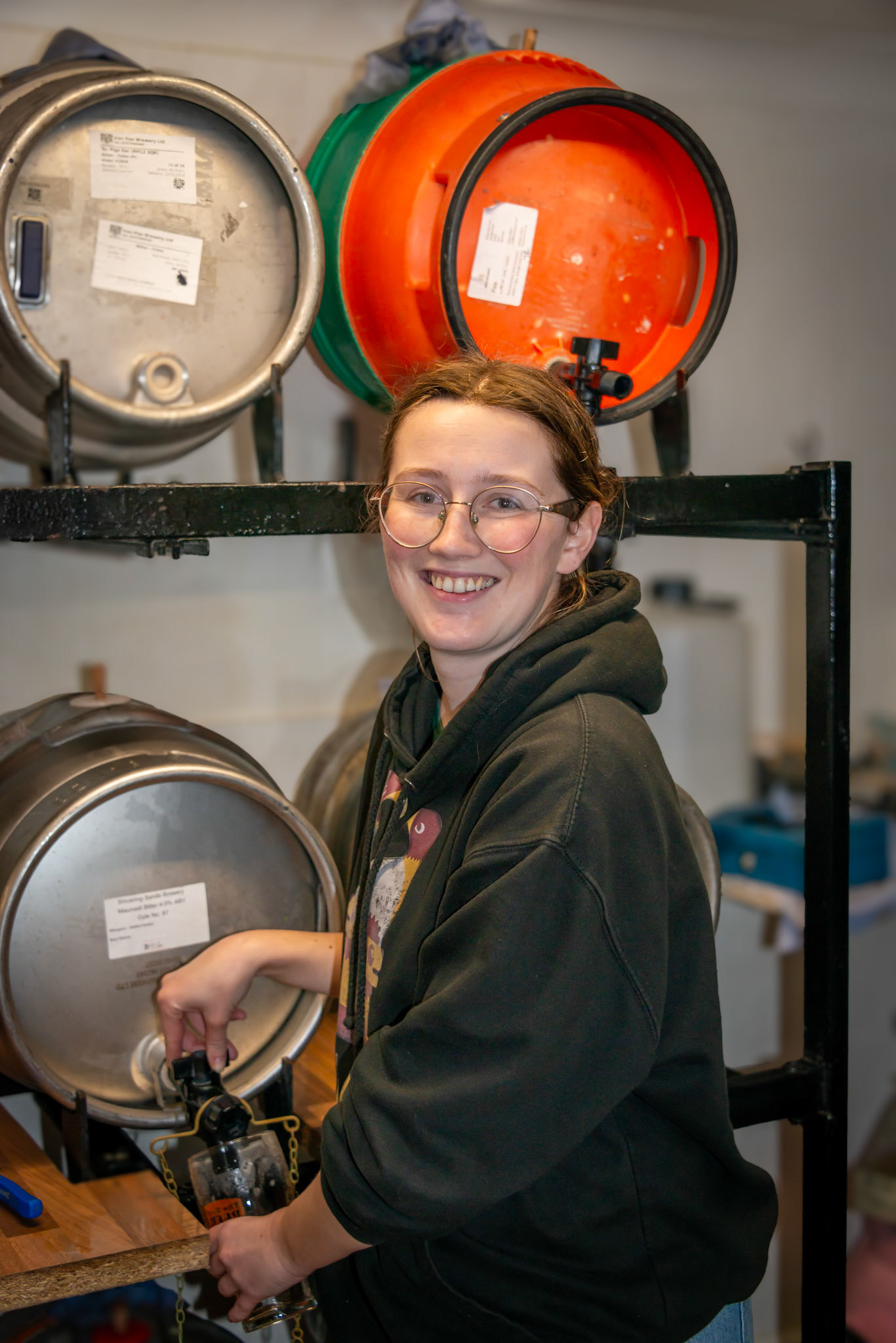 Laura filling pints in the stillage at the Just Reproach, Deal's Micropub, King Street. When she is not travelling the world, Laura works in a number of bars around the town.