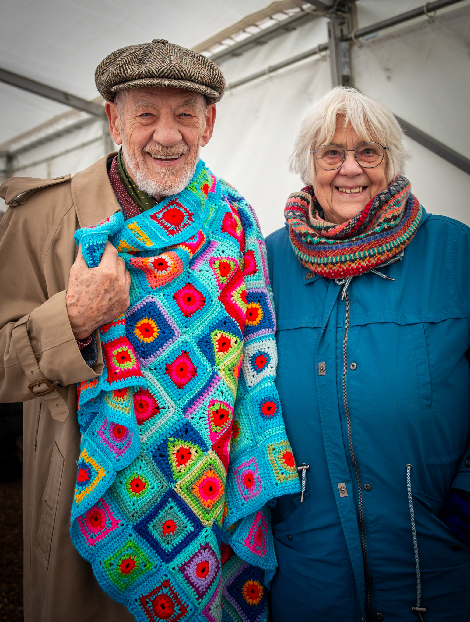 Sir Ian McKellen withPatricia Barry, a textile artist Frost Fair at Beacon Hill Cottage, Little Mongeham, Deal, 7th December, 2024.