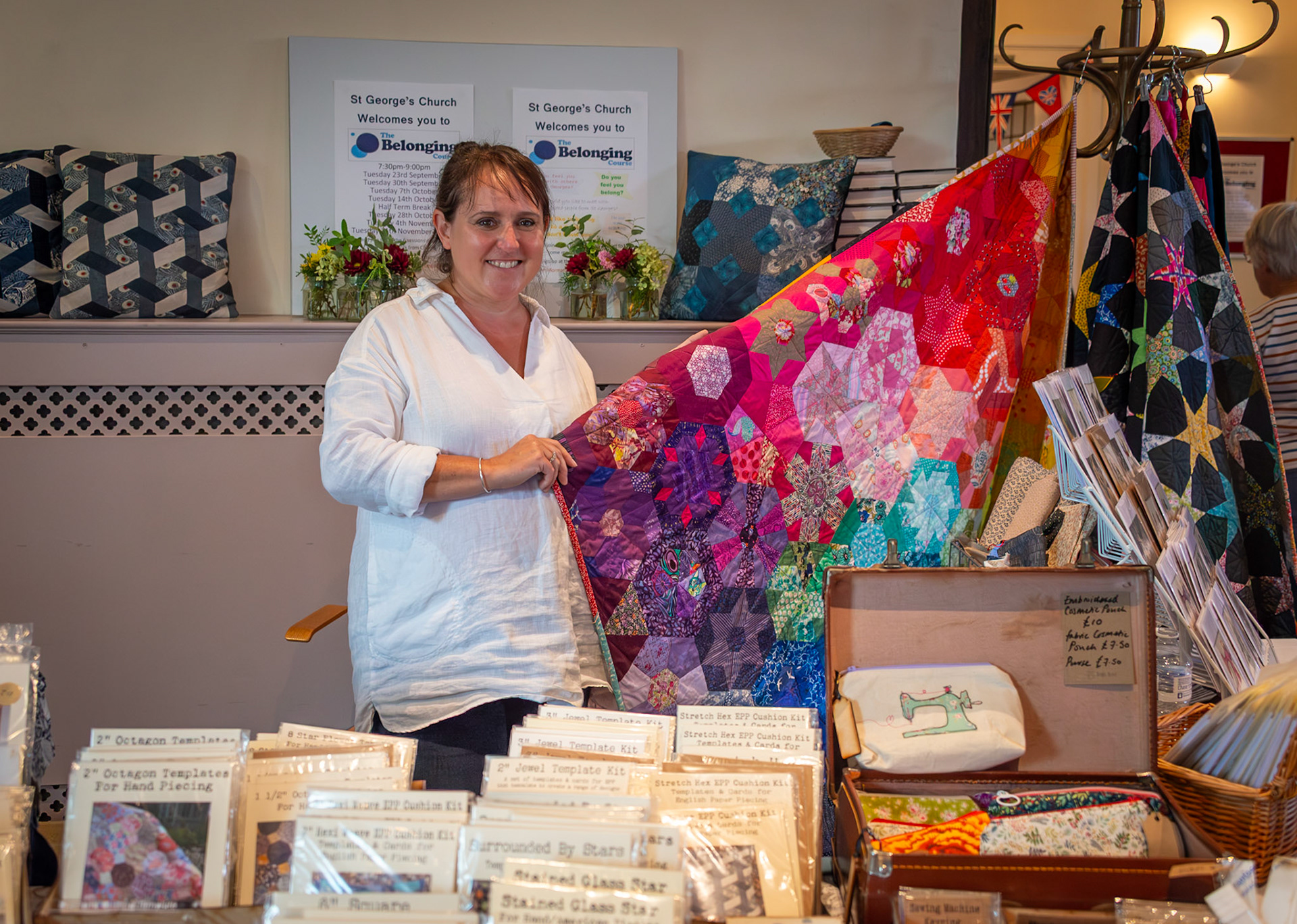 Liz with some of the very talented ladies of the Deal Dragonfly Quilting Group at their exhibition at St George's Church, 23rd August, 2025.