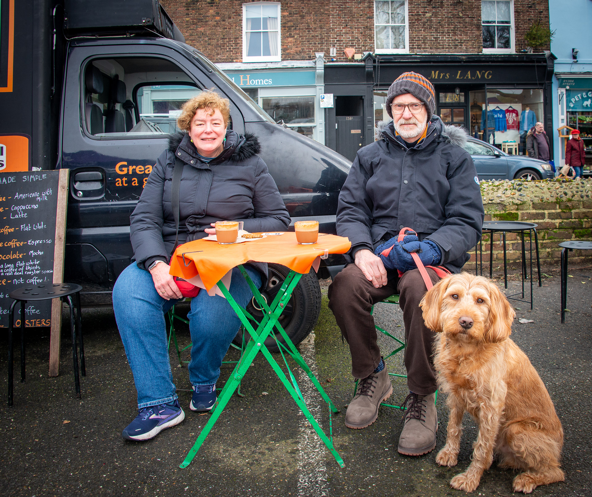 Roger and Rachel having coffee at Real Deal Roasters, Deal Market, 4th January, 2025. Rachel is an office manager with a London based charity and Roger is retired following a career as a surveyor with Network Rail.