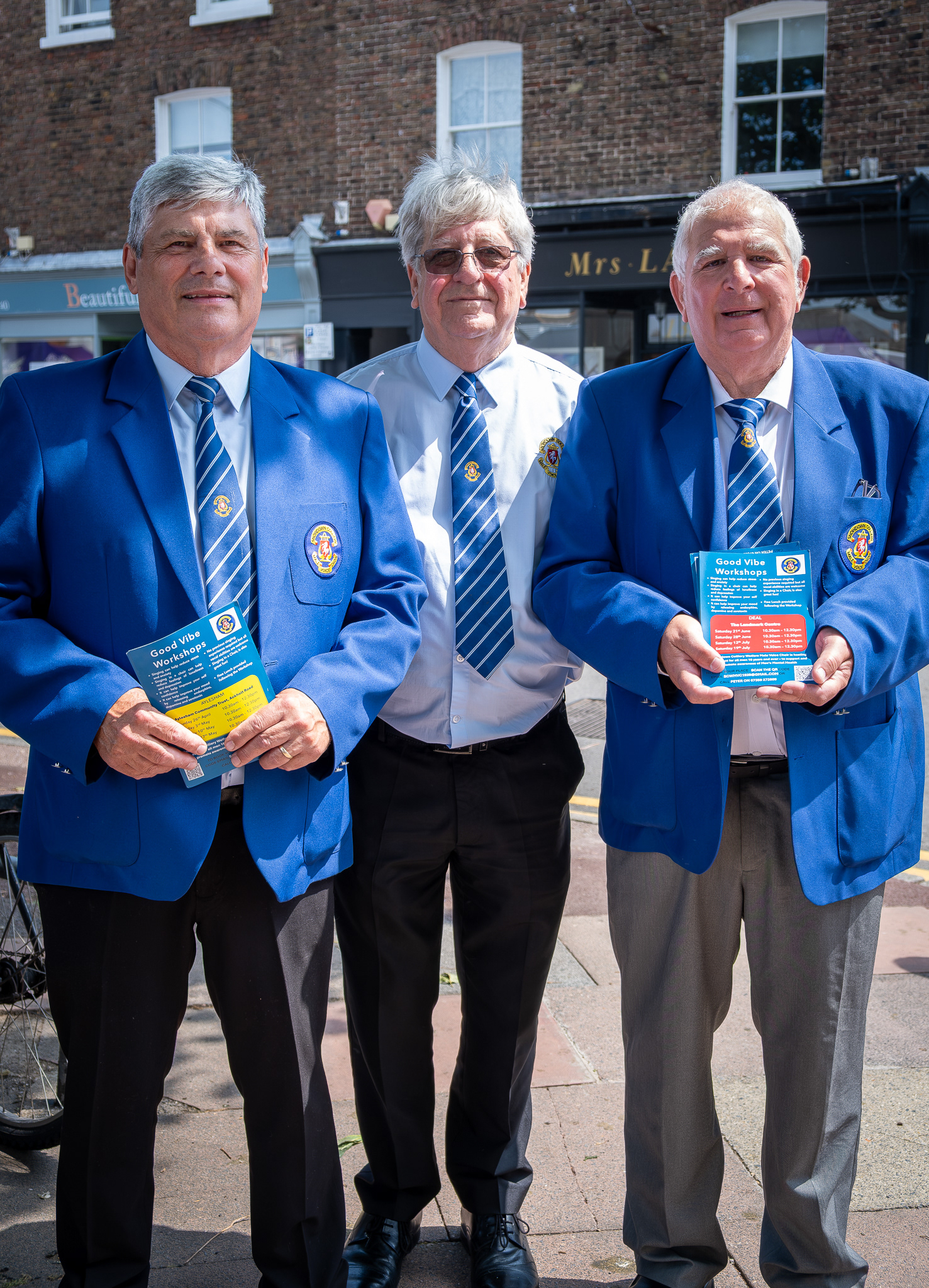 Peter, Kevin and Al, Snowdown Colliery Male Voice Choir, Deal Market, 14th June. Peter Cosier is the Chairman of the Choir.