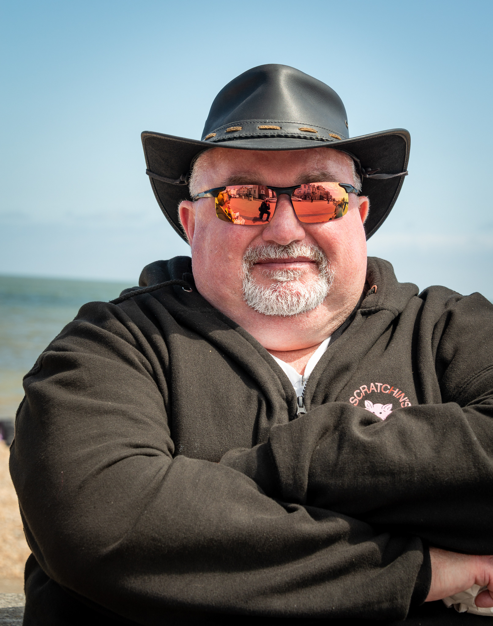 Jim, a school caretaker, supporting a visiting Morris troupe. Deal seafront, 17th May, 2025.