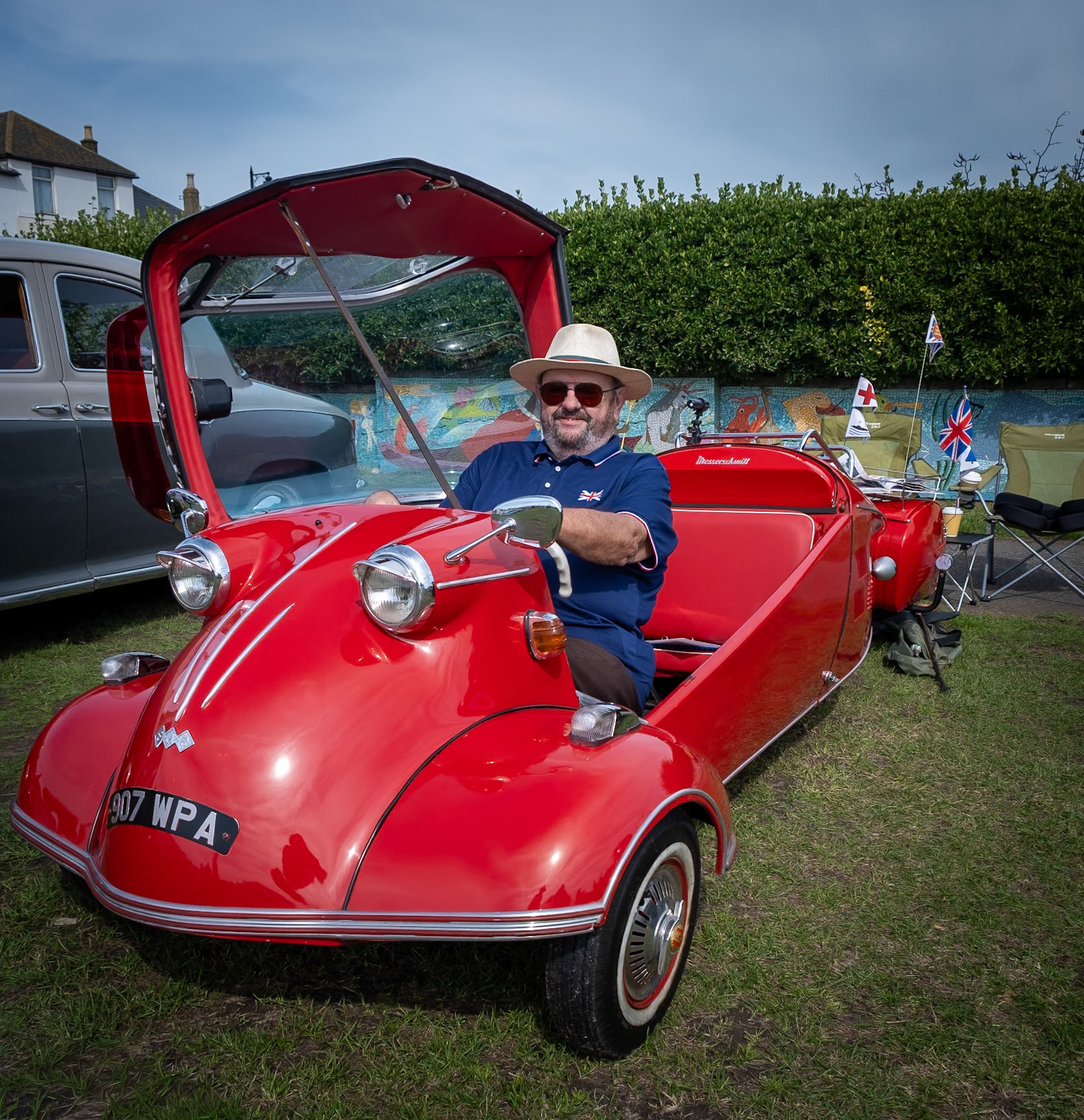 Terry with his wonderful Messerschmitt trike. Walmer Bus Display, Walmer Green, 6th September, 2025.