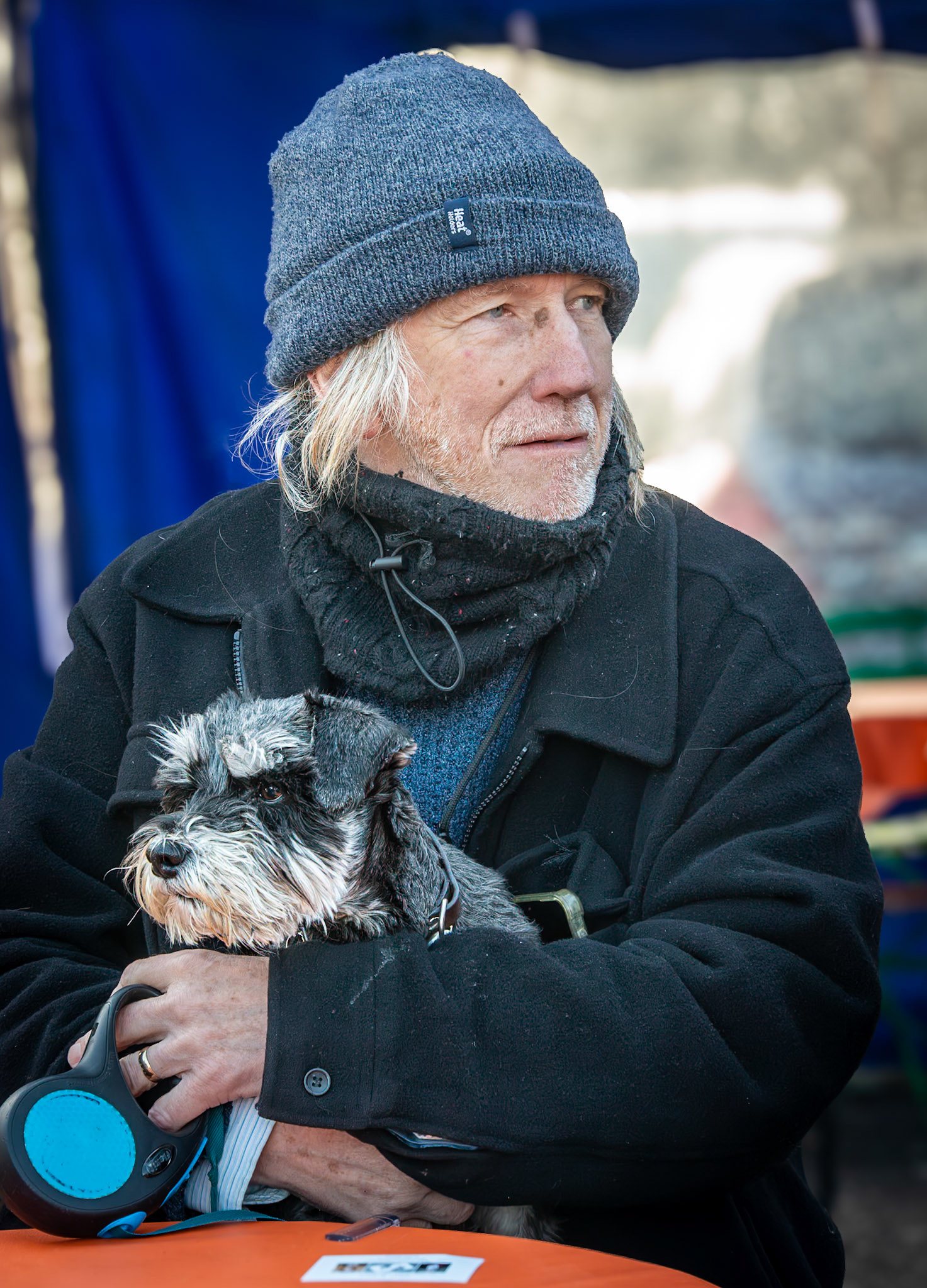 Jonathan, a semi-pro musician and his dog Hesther. Outdoor coffee at Real Deal Roasters, Deal Market, 25th January, 2025.