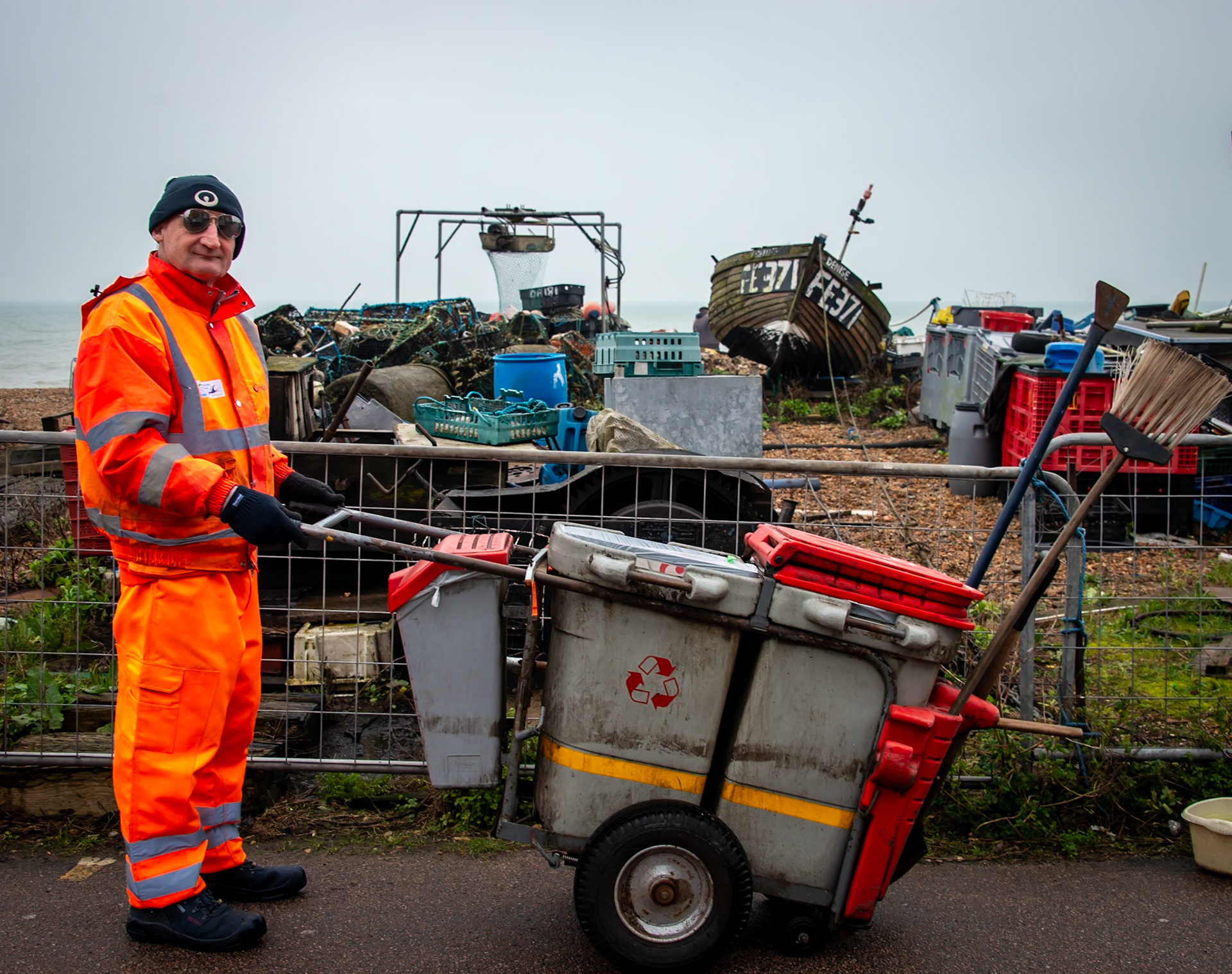 Steve, cleaning the seafront on Beach Street, 11th, March, 2024. Steve is an employee of Veolia, contractors in recycling, waste collection and street cleaning services to Dover District Council.