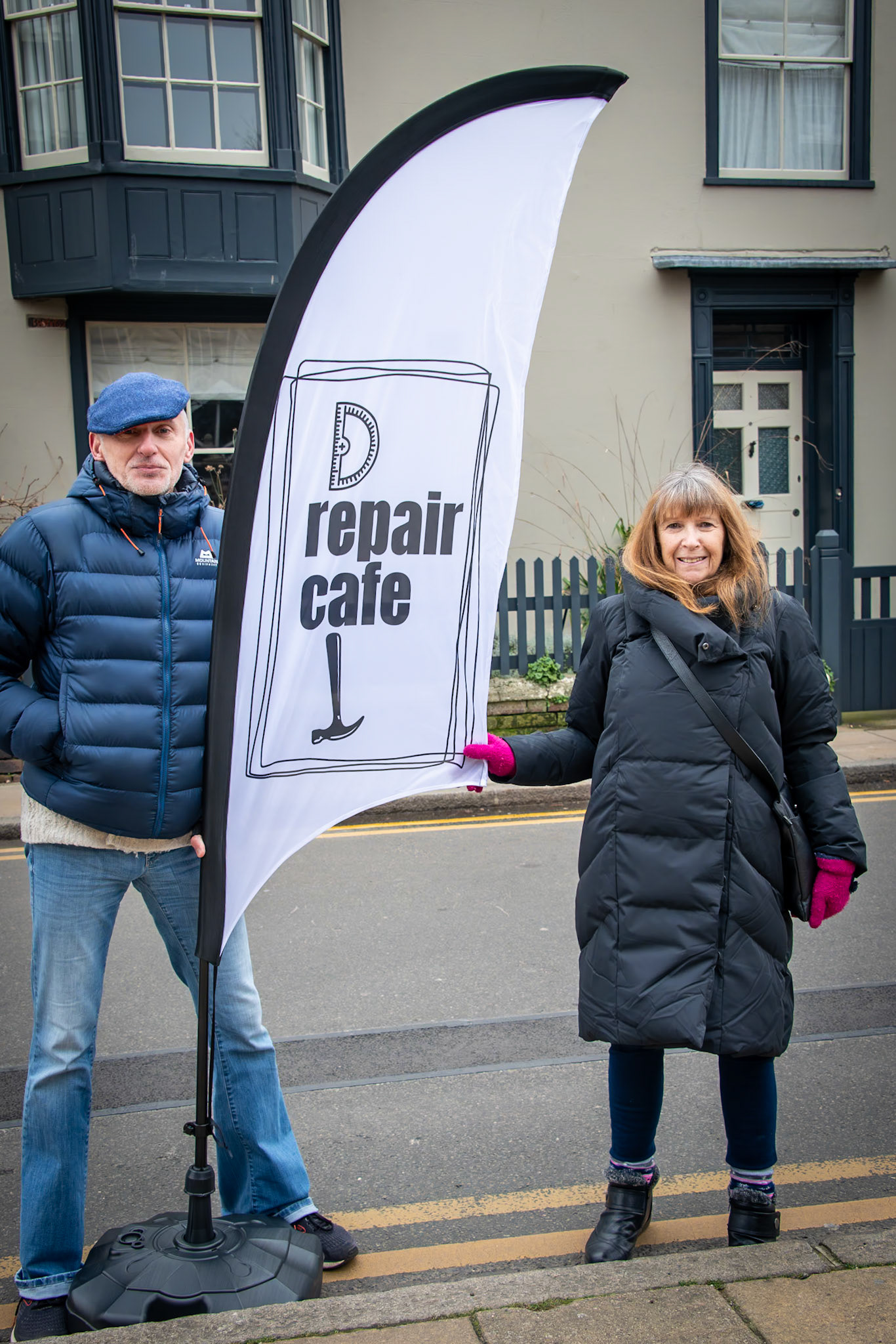 Andrew & Lesley advertising the launch of the Repair Cafe, The Landmark Centre, Deal High Street, Saturday 13th January, 2024.