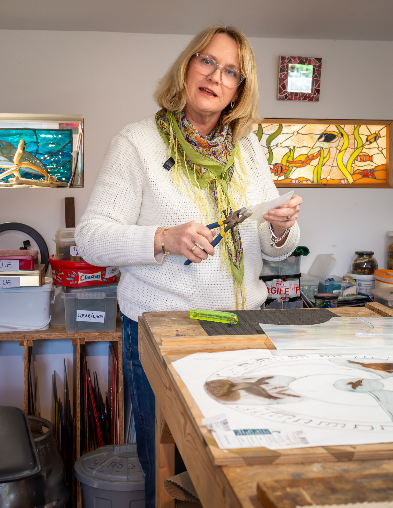 A couple of shots of Wendy Atkins, photographer, painter and stained glass artist taken in her studio/workshop last week.