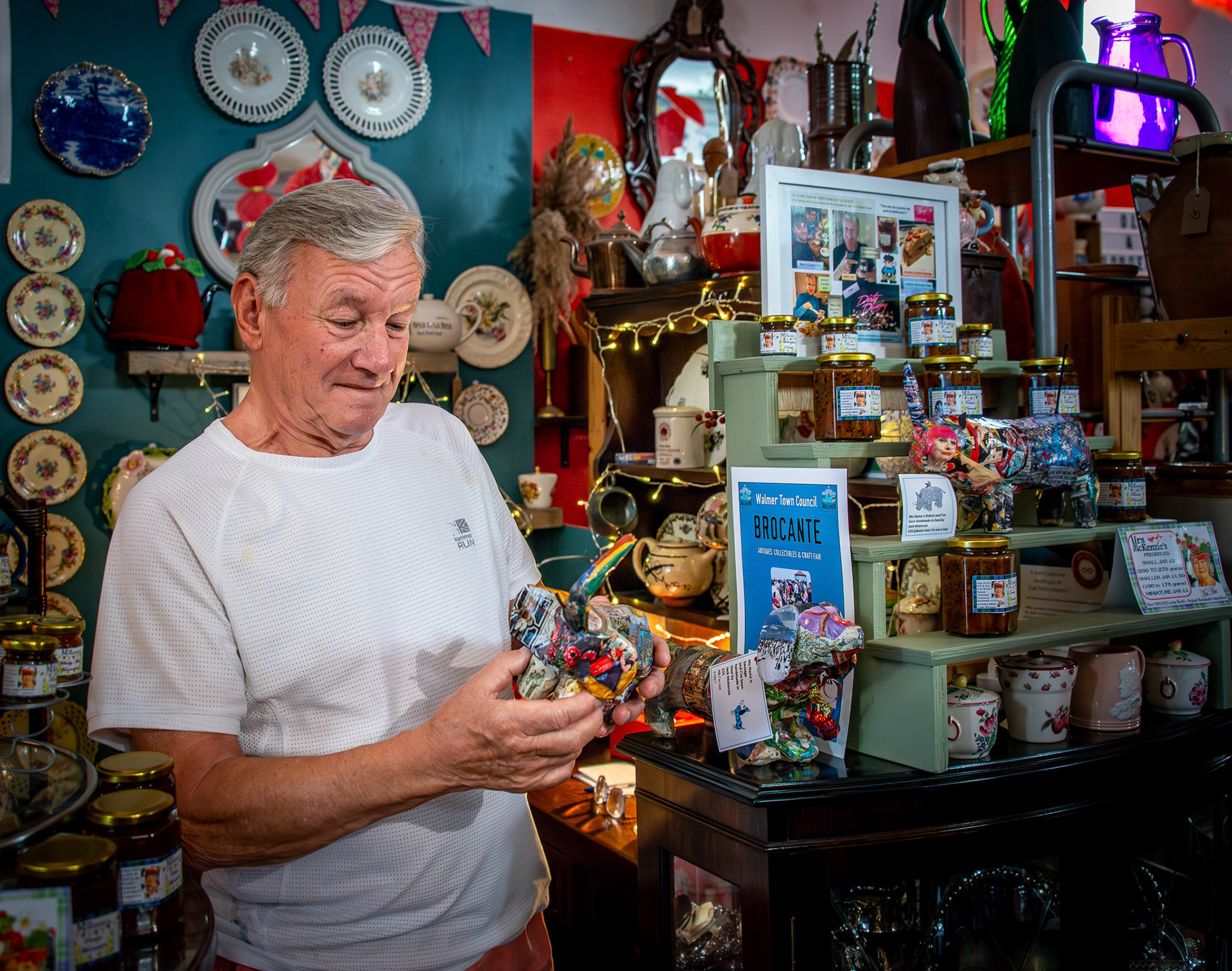 Jack Cooper stated his working life as a policeman in Edinburgh, worked in radio and became an actor. Jack is married to Rosemary McKanzie, award winning maker of marmalades, jams and chutneys. Jack displays some of his papier mache animals at Rosemary's stall in the Village Indoor Market, Sondes Road.