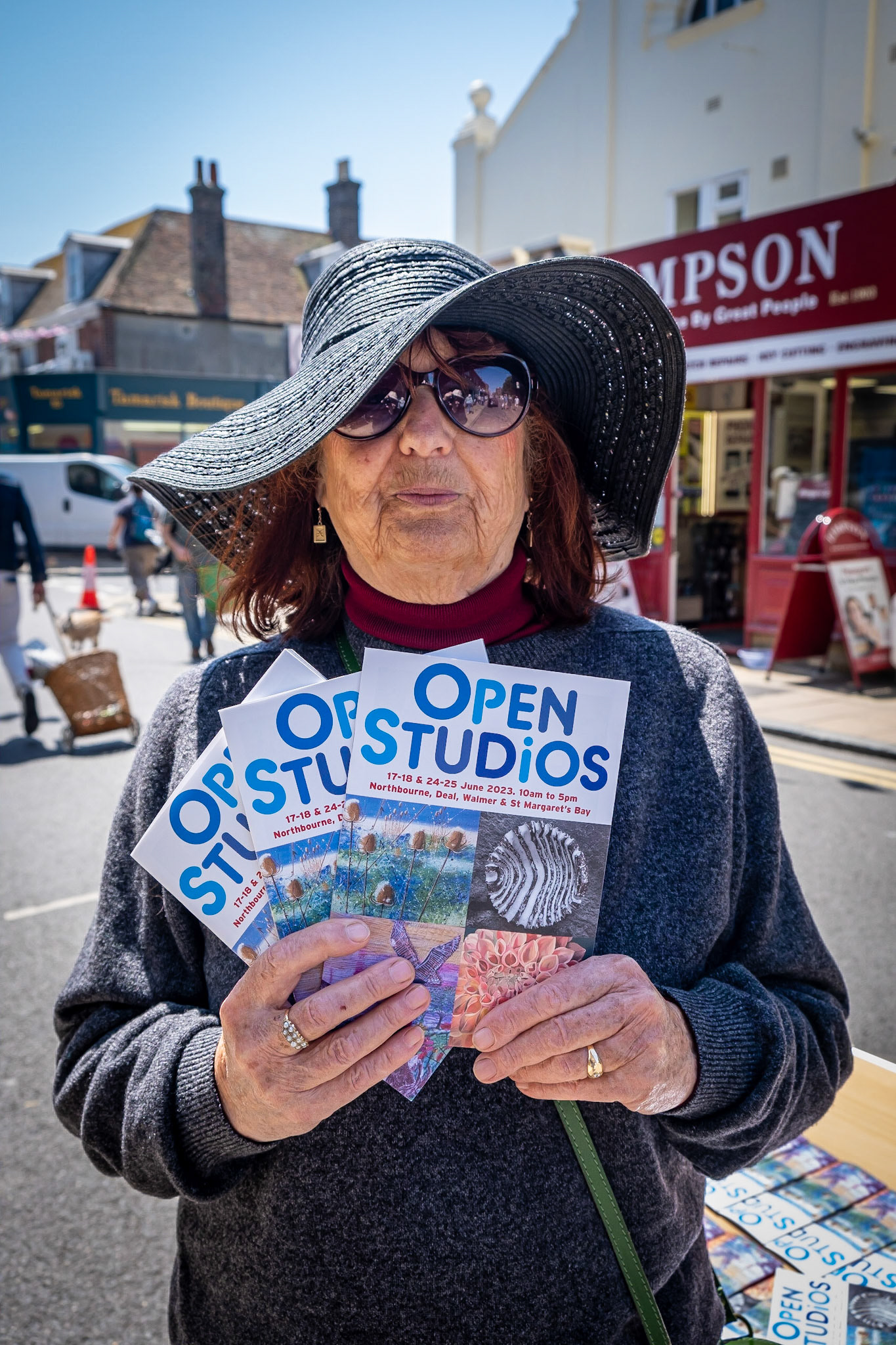 Liza, a painter and print maker in the High Street, Deal, 3rd June. Liza was advertising the Deal Open Studios 17-18 & 24-25 June.