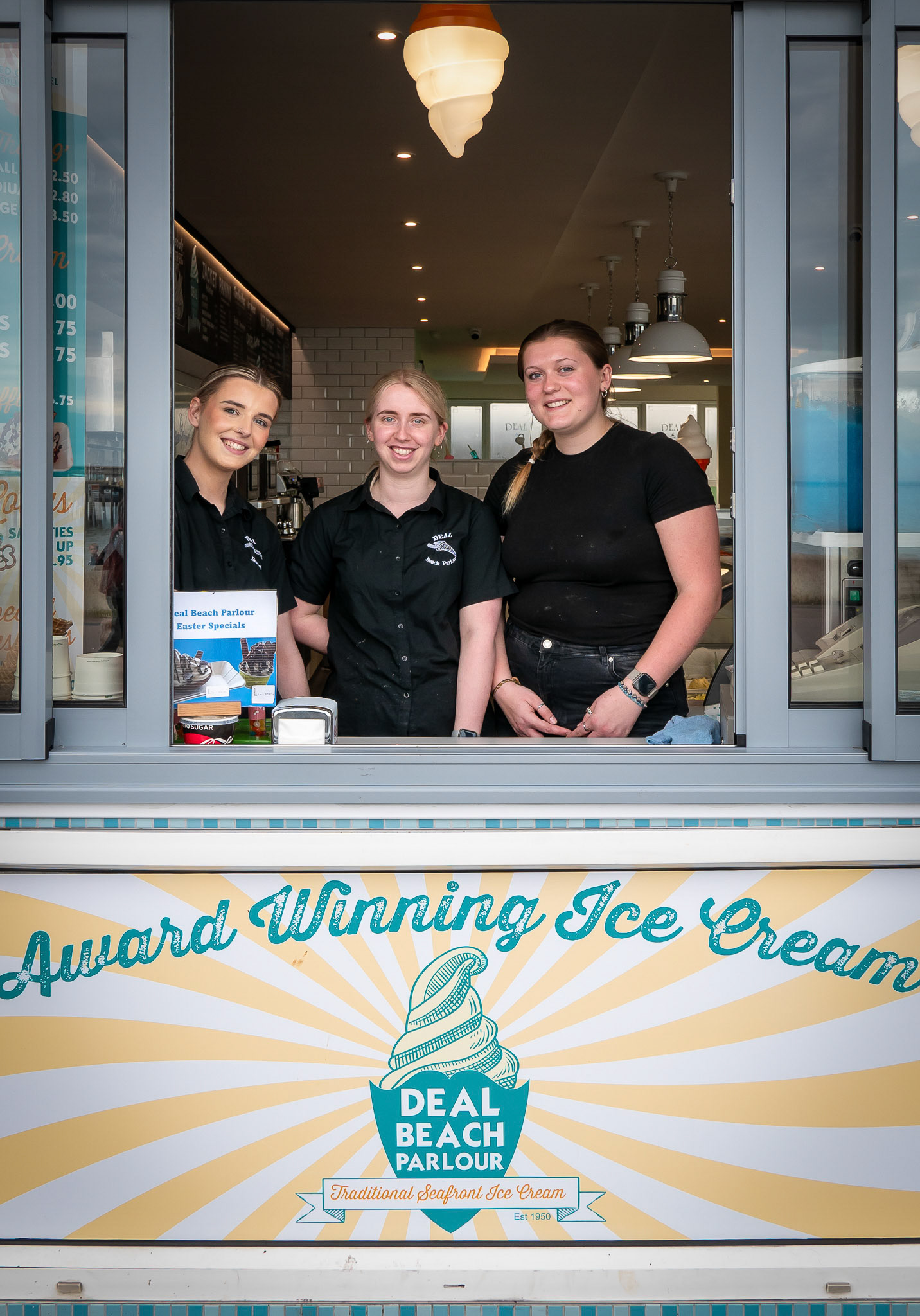 Eleanor, Charlie and Charlotte serving at Deal Beach Parlour, 8th April, 2024.