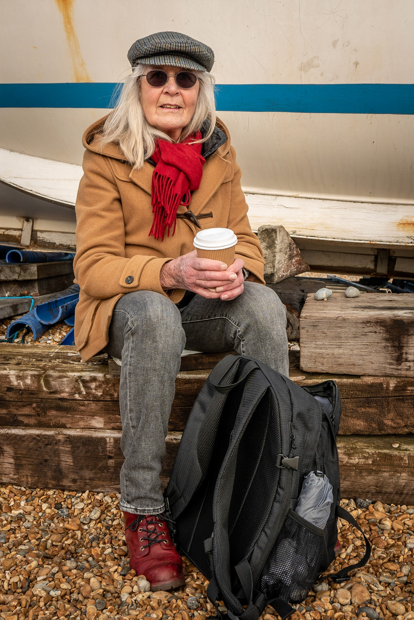 Jill at the fisherman's landing, Deal, 30th January, 2023. Jill is a local painter, woodworker and experimental cook, living in Walmer. 
