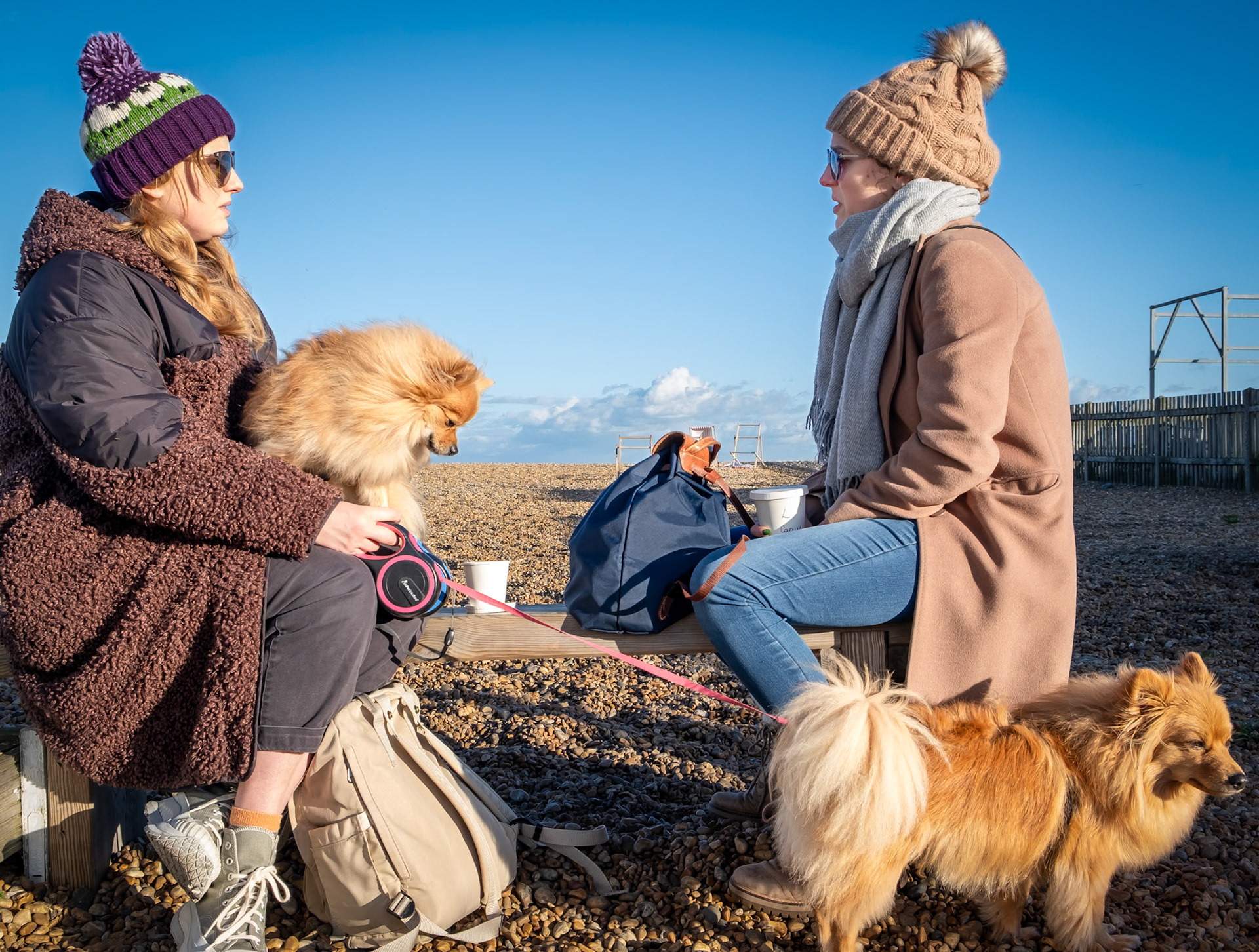 Sisters, Sarah and Liz, from Dover, having coffee at Hut 55 on Walmer Beach. Sarah is a language and speech therapist, Liz is a Customer Services advisor.  