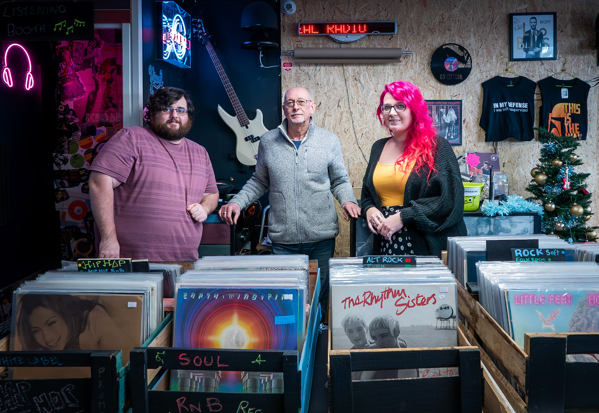 Michael, Adrian and Amy at Deal Radio, Deal High Street, 6th December, 2023.
