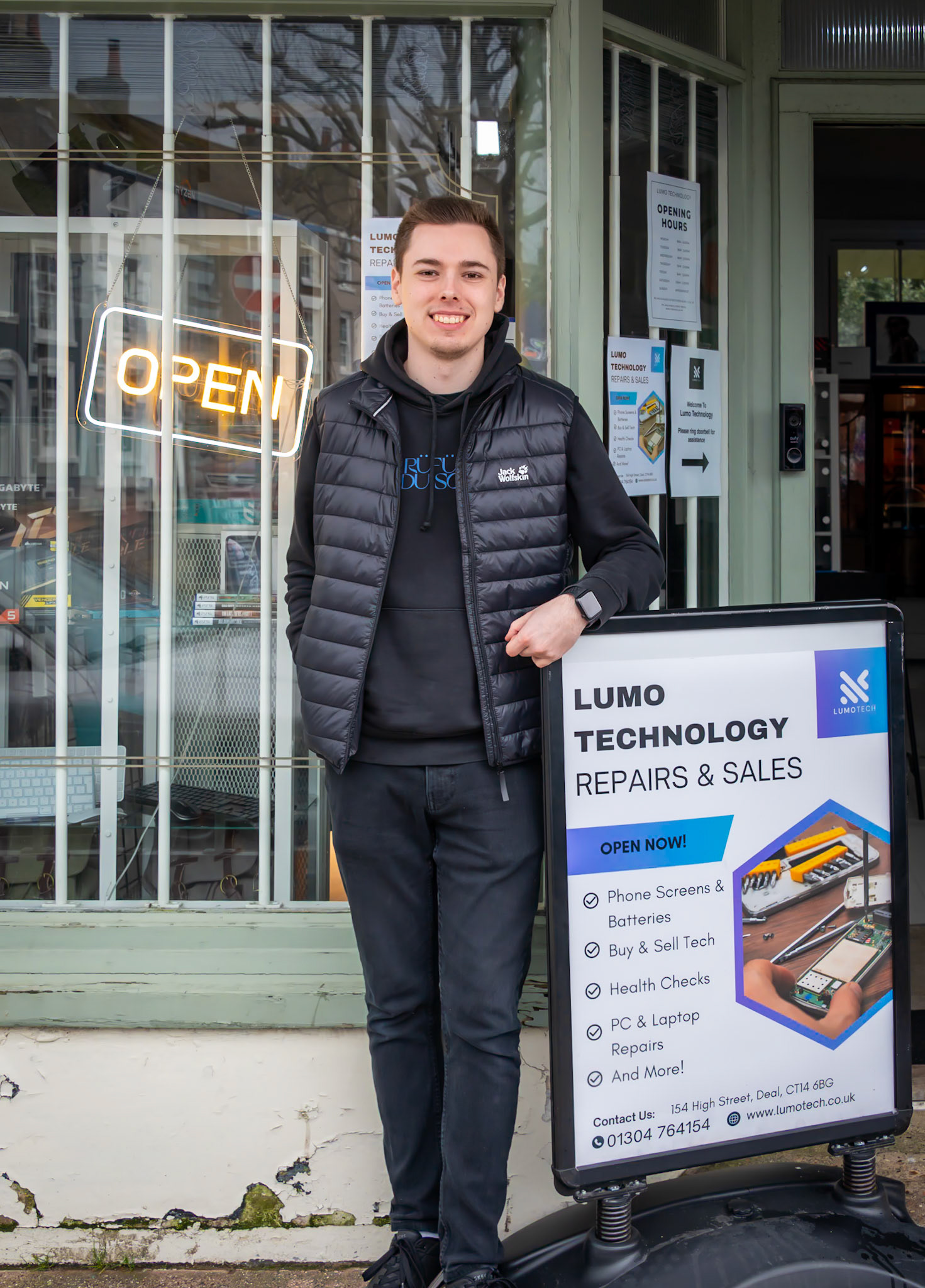 Tom, an enterprising young man, who runs his new start-up business - Lumo Technology - at 154 High Street, Deal. 9th February, 2024.