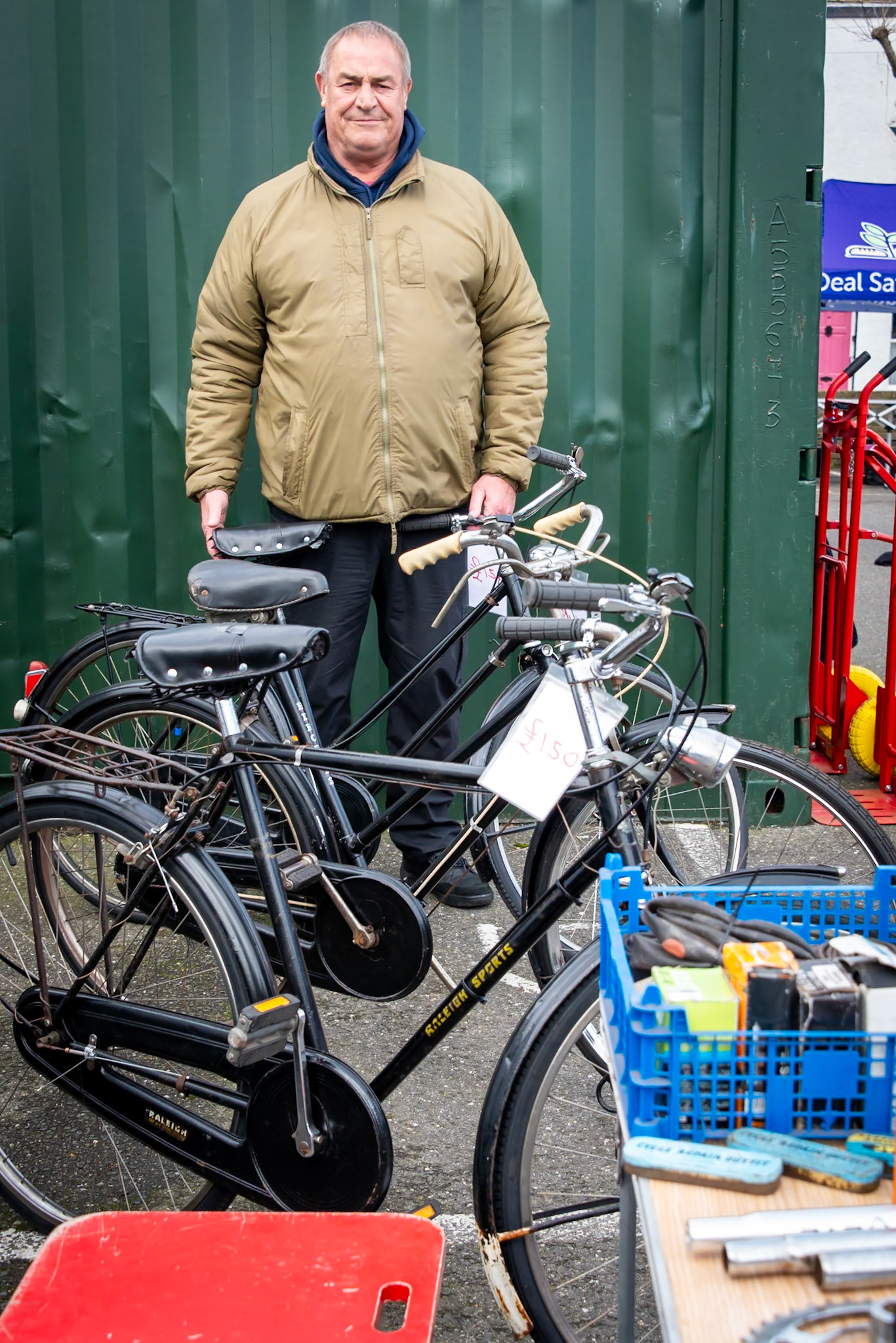 Mick Phillips, restorer and salesman of vintage push bikes. Deal Market, 24th February, 2024.