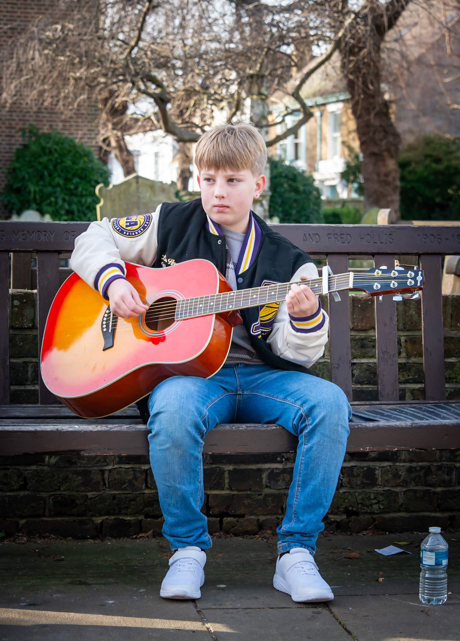 Oliver, a young guitarist, busking outside St Georges Church, Deal High Street, 28th January, 2024. (Photo taken with the permission of Oliver's father).