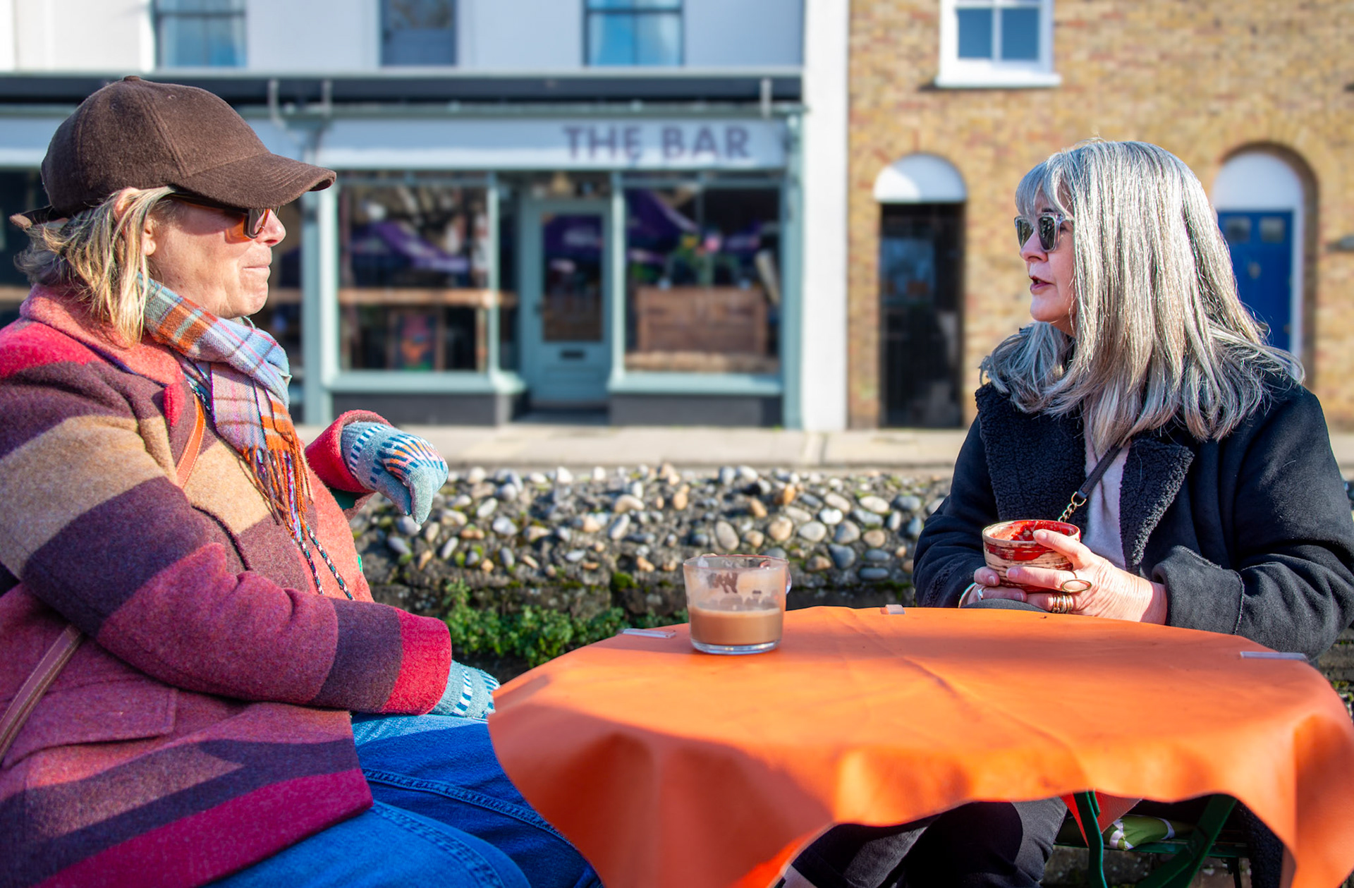 Lynne who works in the film industry having coffee with Cheryl, formerly in PR. Real Deal Coffee Roasters, Deal Market, 1st February, 2025. 