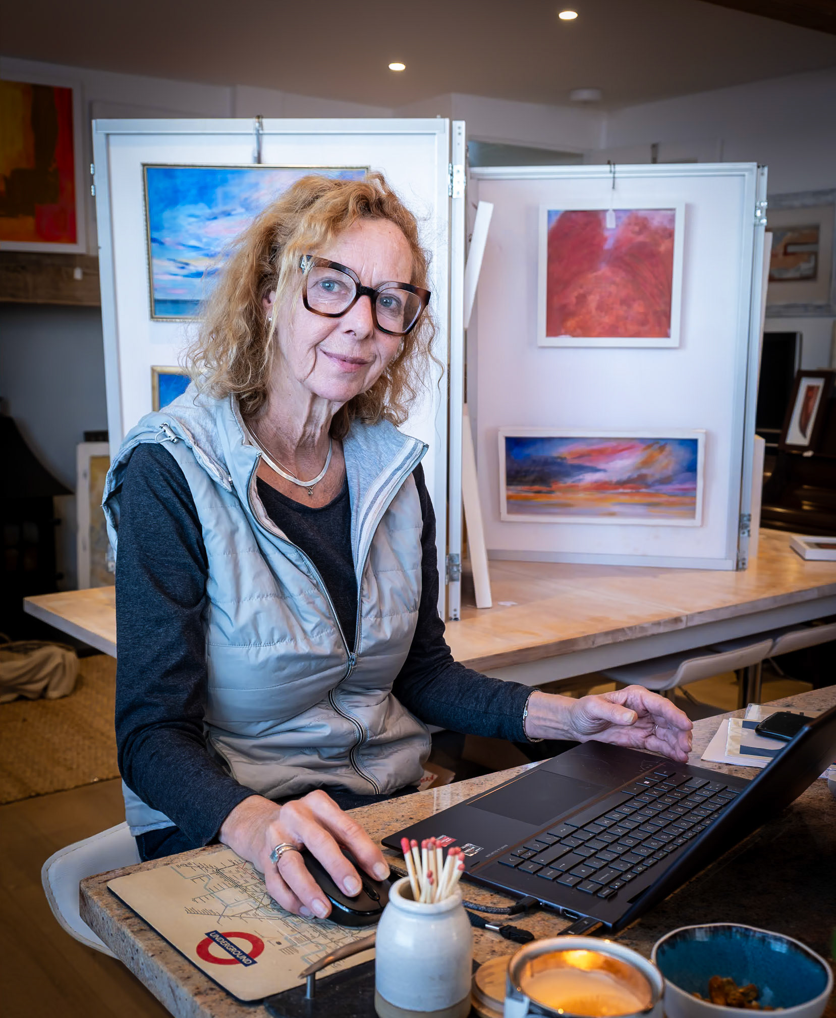 Susan Beresford at the Artists Open Houses. Susan is busy organising the publicity for a London exhibition.