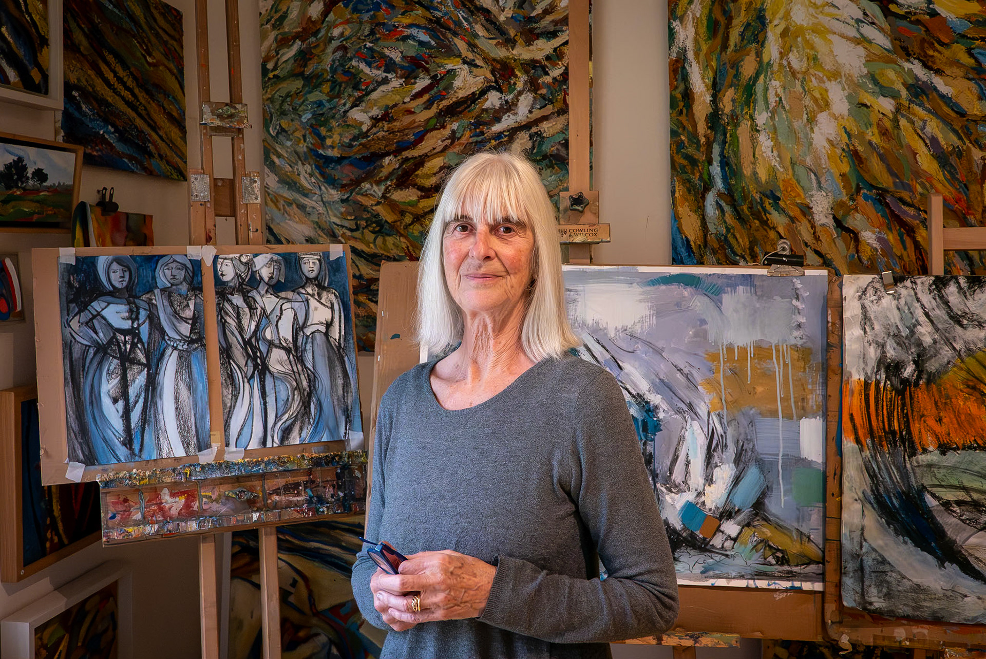 Carol Goodchild at her studio at Admiralty Mews, Deal. Artist's Open Houses, 28th October, 2023. Carol's drawings and paintings take their inspiration from natural forms; landscapes, found objects, the sea and the human figure. She is a very prolific artist and her large and beautiful studio is crammed with her work.