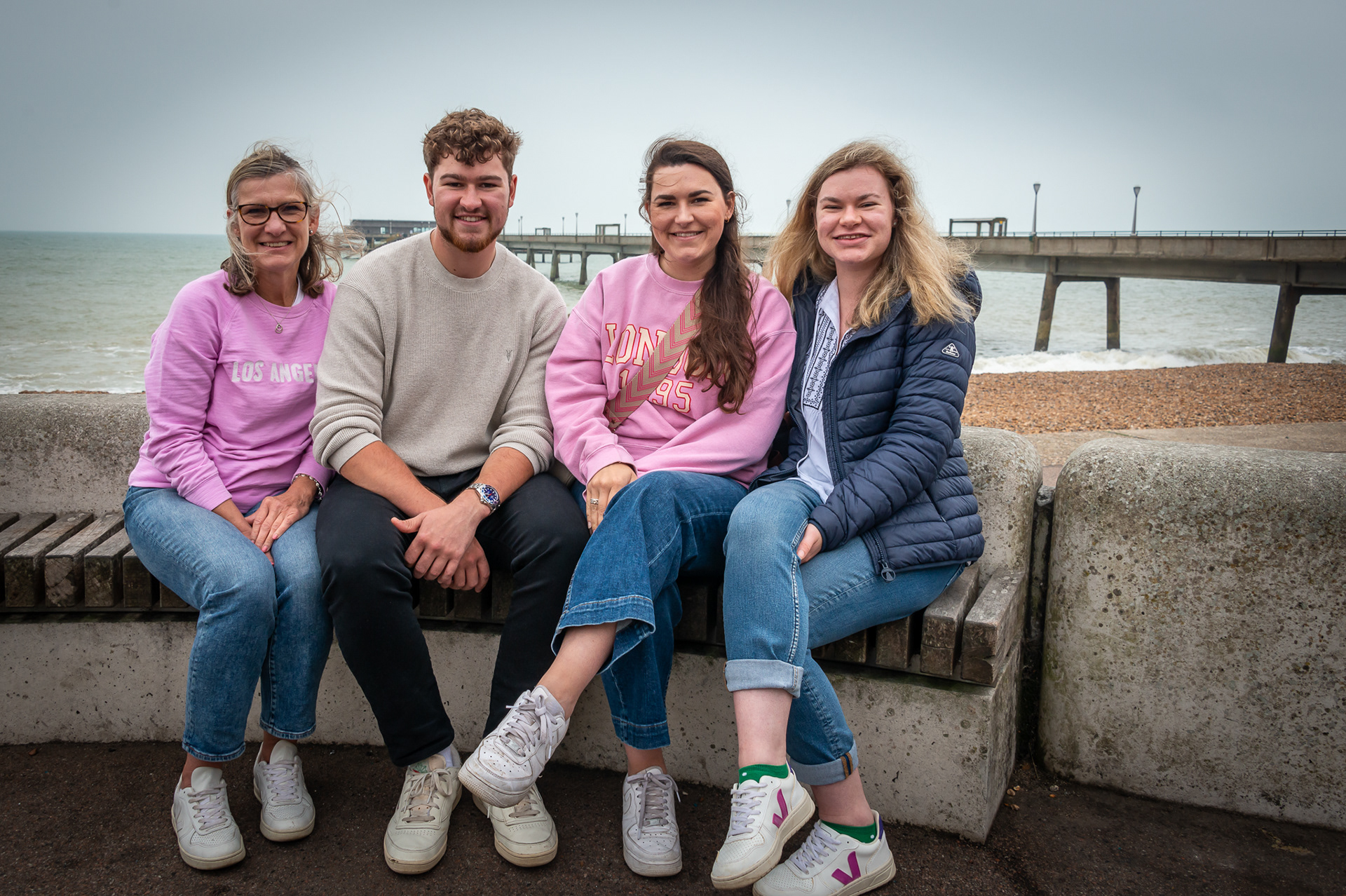 Deborah and her son and daughters, Max, Olivier and Louisa. The family are visiiting from Tonbridge Wells. Deal seafront, 5th September, 2024.