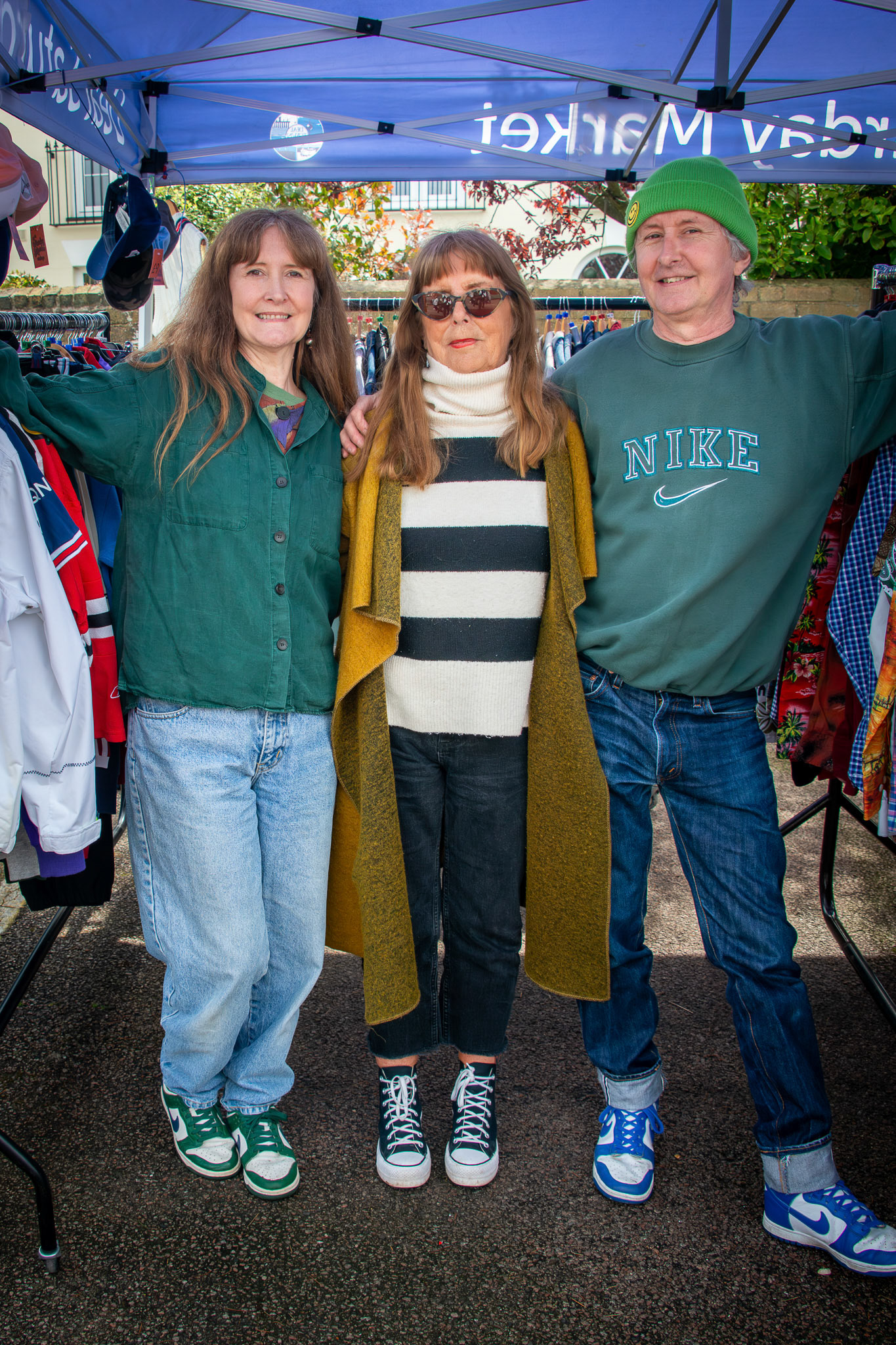 Kelly, her brother Pete and their mother, Carol, who run Funky Monks clothing. Deal Market, 27th April, 2024.