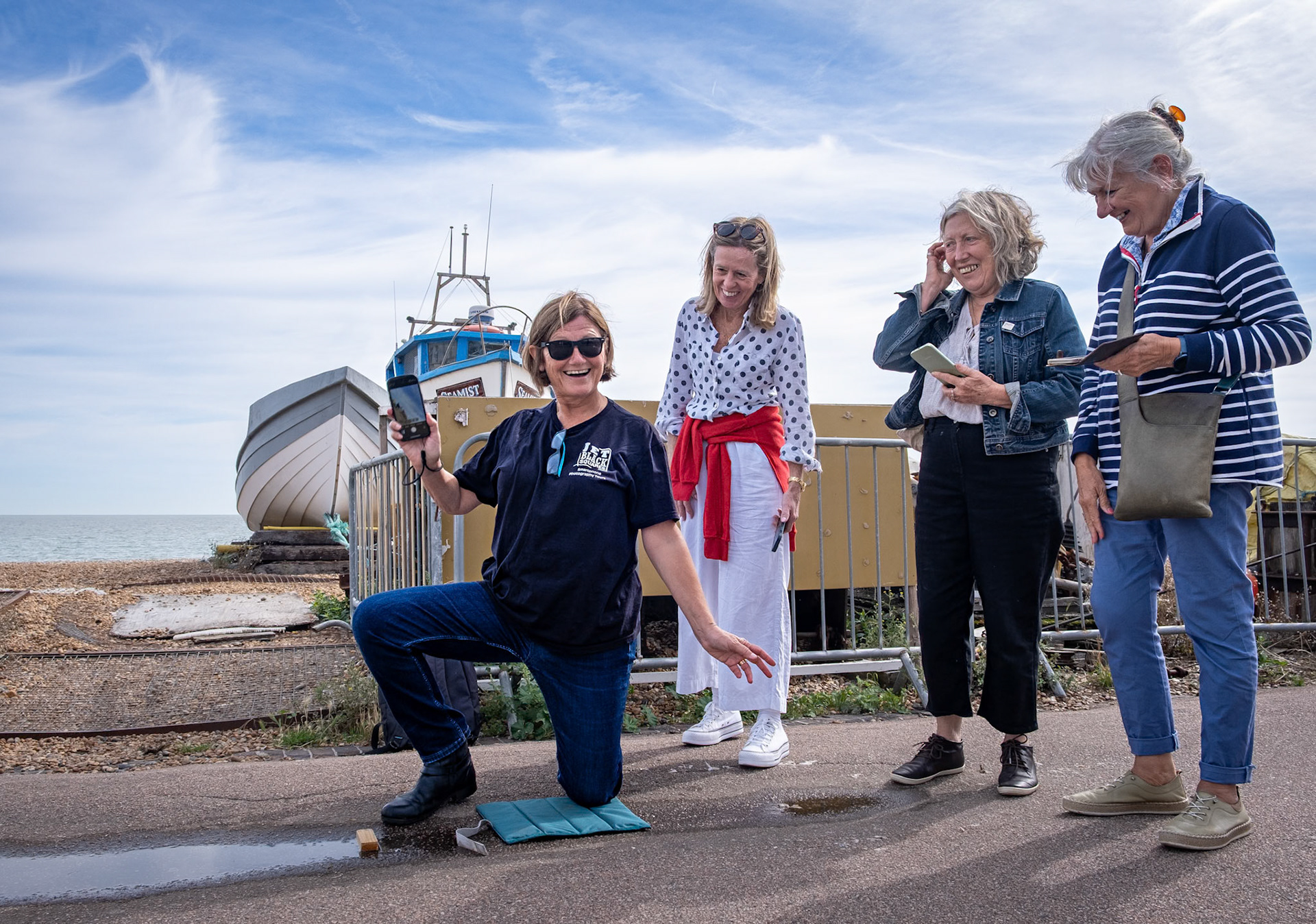 Julie Elmes, a very talented local photographer, running a Jet Black Squares, Smartphone Photography Tour. Deal Seafront, 6th September, 2025. 