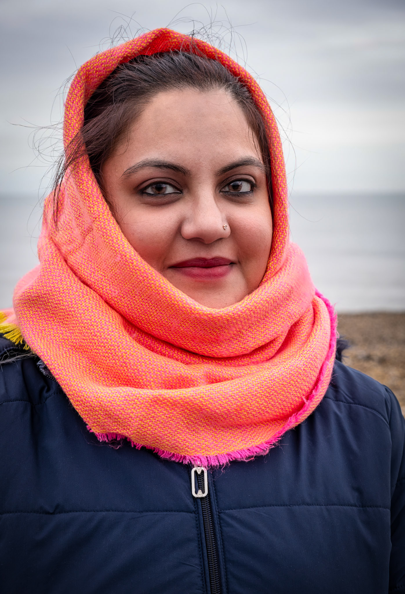 Moni, a business team manager visiting from Reading. Deal Seafront, 26th November, 2023.