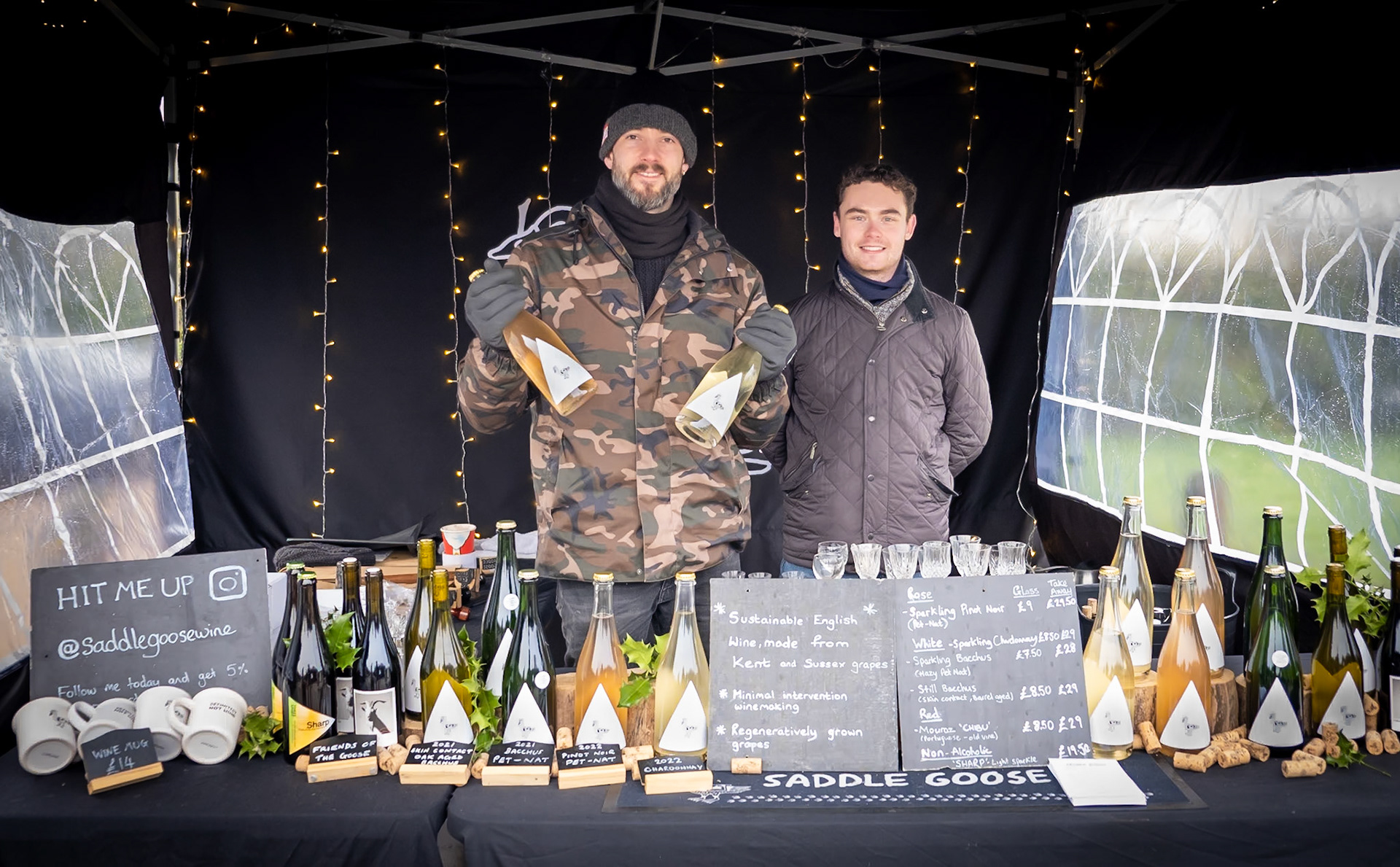 Adam and Josh, selling Saddle Goose Wines at the Christmas Market, 2nd December, 2023.