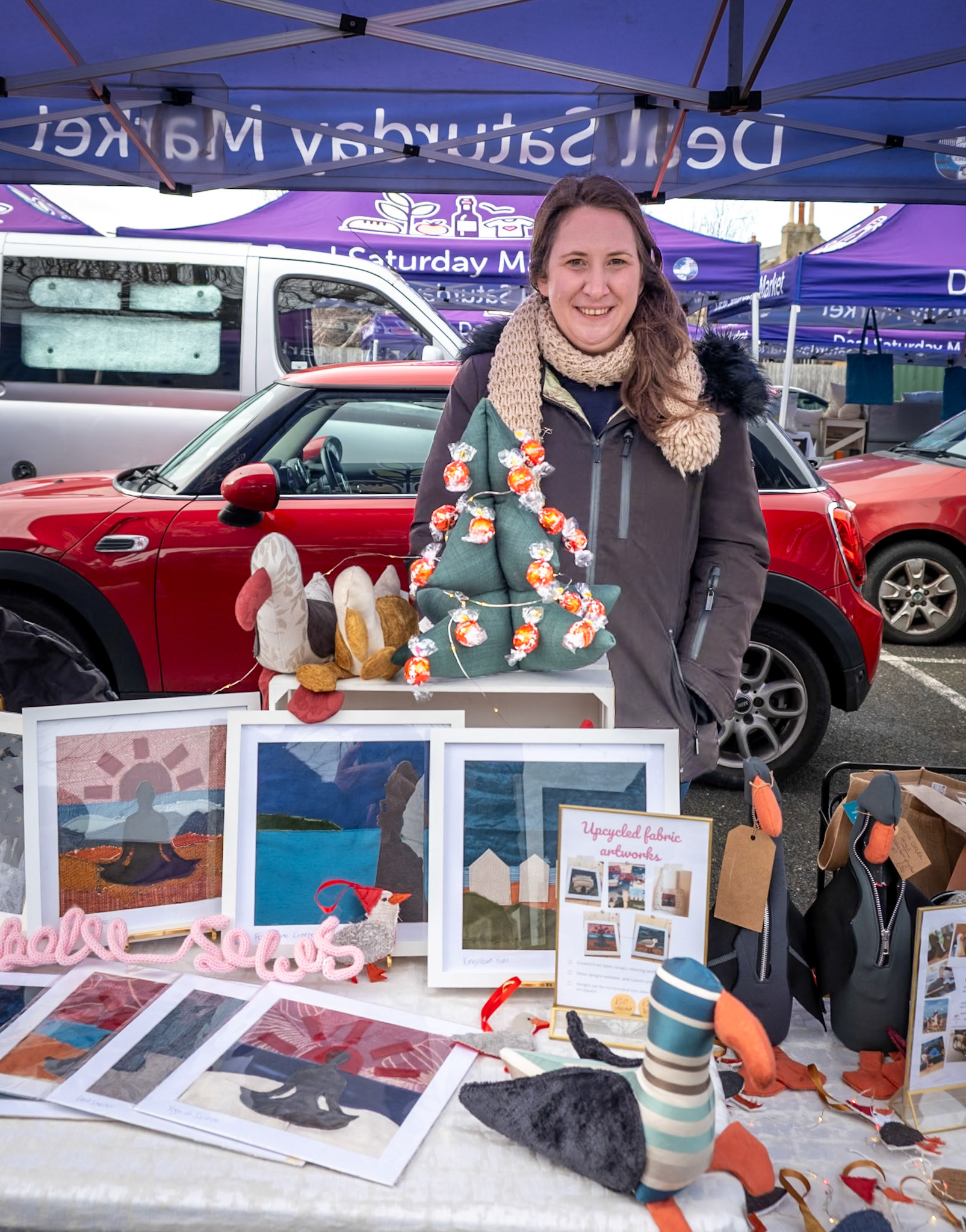 Claire at her market stall 'Upcycled Fabric Artworks'. Deal Market, 20th December, 2025.