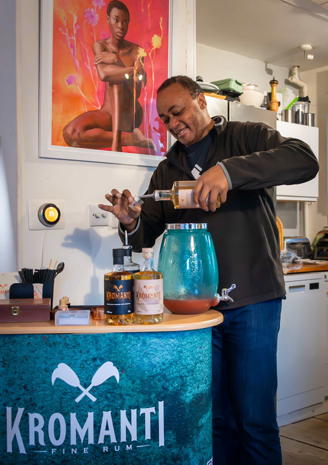 Cashian David, Co-Founder and CEO of Kromantium, makers of fine rums, botanically infused with Tamarind and Plantain. Great in rum cocktails but, for me, superb when sipped neat. At Maria Zaretti-Underwood's Home Studio Event, 17th November, 2024.