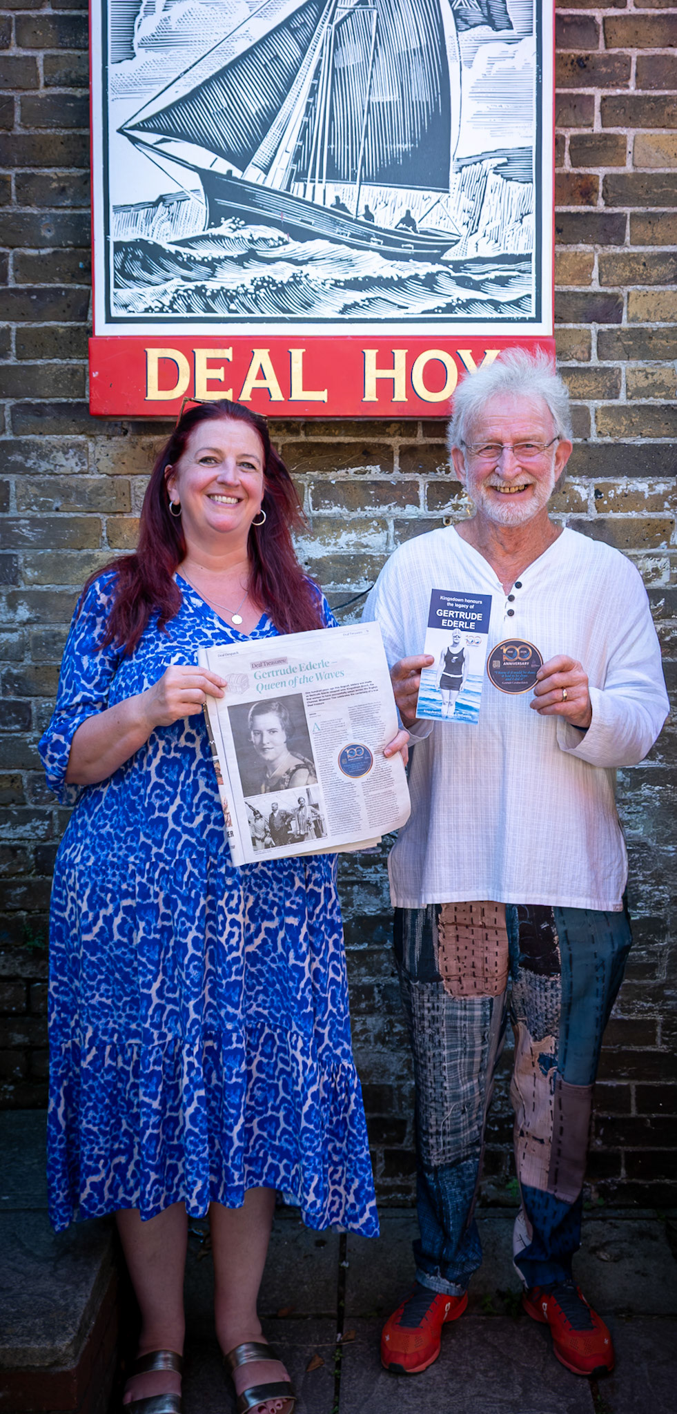 Rhiannon Tise and Julian Dalrymple celebrating the life of Gertrude Ederle who, one hundred years ago, was the first woman to successfully swim the English Channel.  "At 9.39pm on Friday 6 August 1926, a plucky 20 year old from New York stepped out of the sea aon onto the shingle at Kingsdown, and made history." The Deal Despatch Launch, Deal Hoy, 2nd July, 2026.