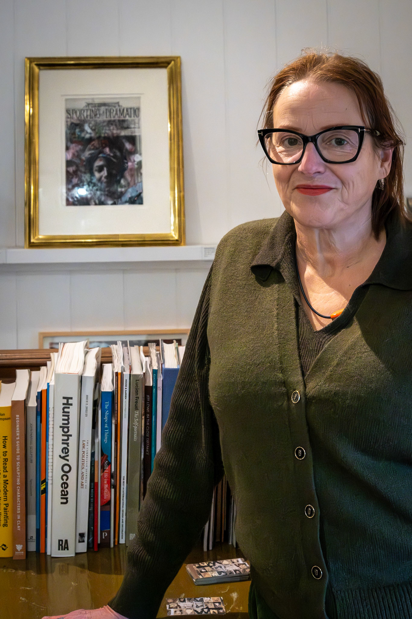 Kathryn Riley, artist and former Editor of the Deal Despatch, at the Private Viewing and Launch of the Winter Group Show 2025-26 at the Linden Hall Studio. Kathryn's submission is displayed.