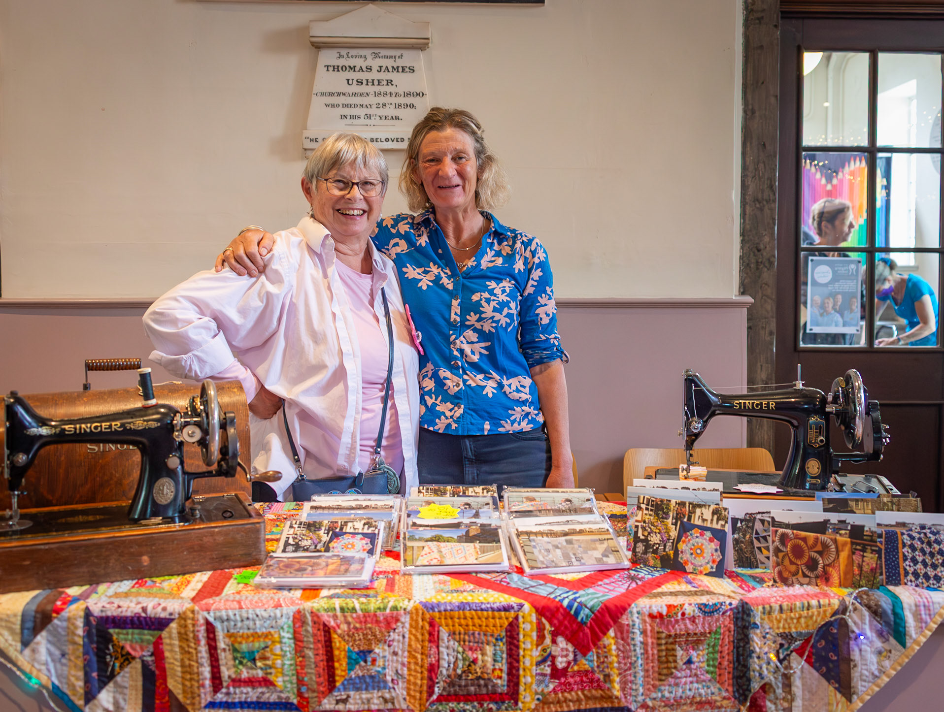 Mary and Sally with some of the very talented ladies of the Deal Dragonfly Quilting Group at their exhibition at St George's Church, 23rd August, 2025.