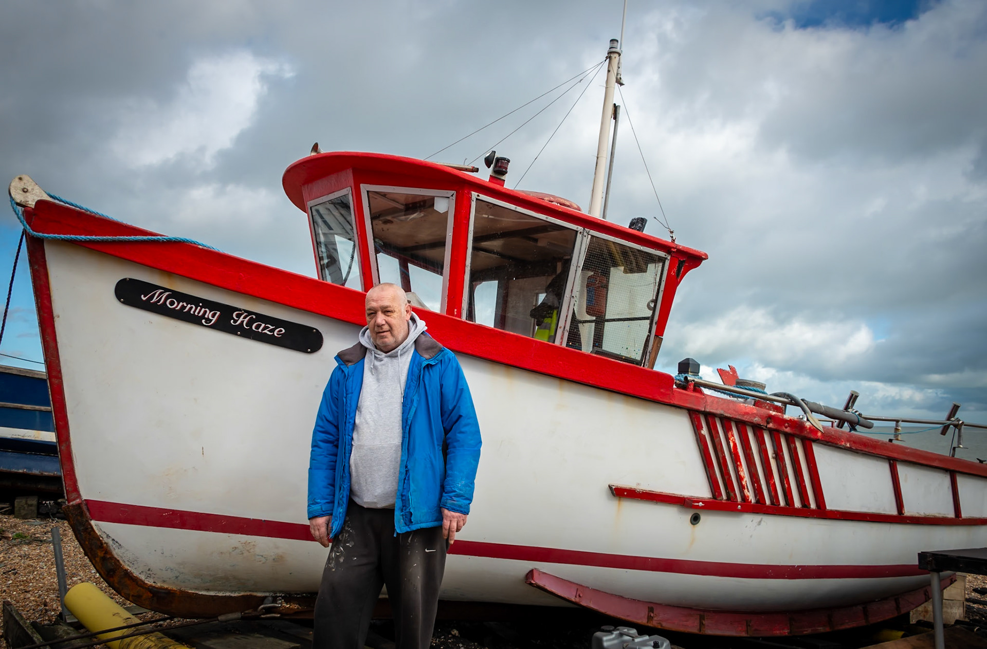 Dean Foster, boatman. Deal Beach, 24th February, 2024. Dean was born in Nelson Street and started fishing at 3 years old. He takes anglers out fishing in his boat, Morning Haze.