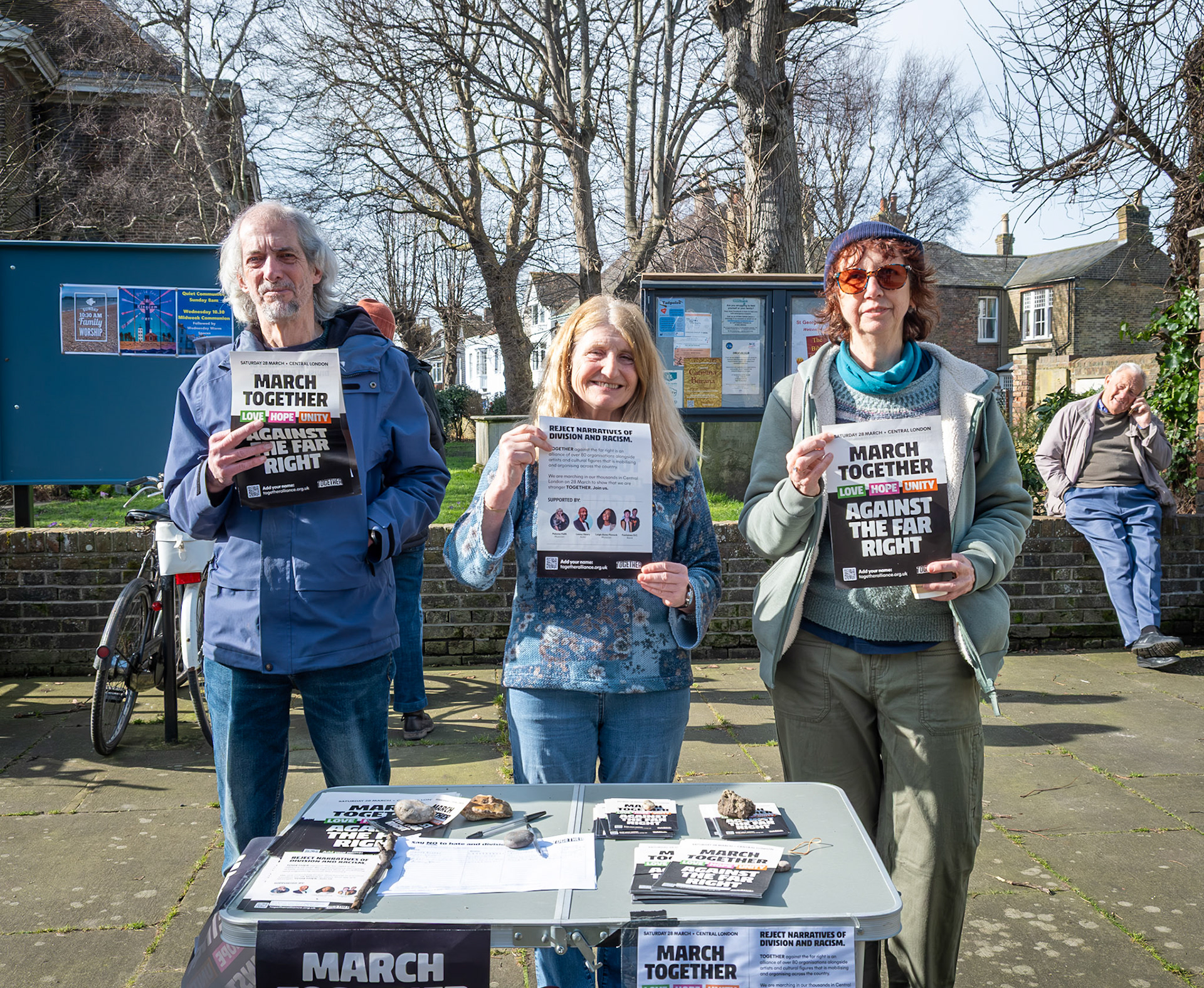 Geoff, Francine and Bryony campaigning for the March Against The Far Right, 28th March in London. 21st Feb