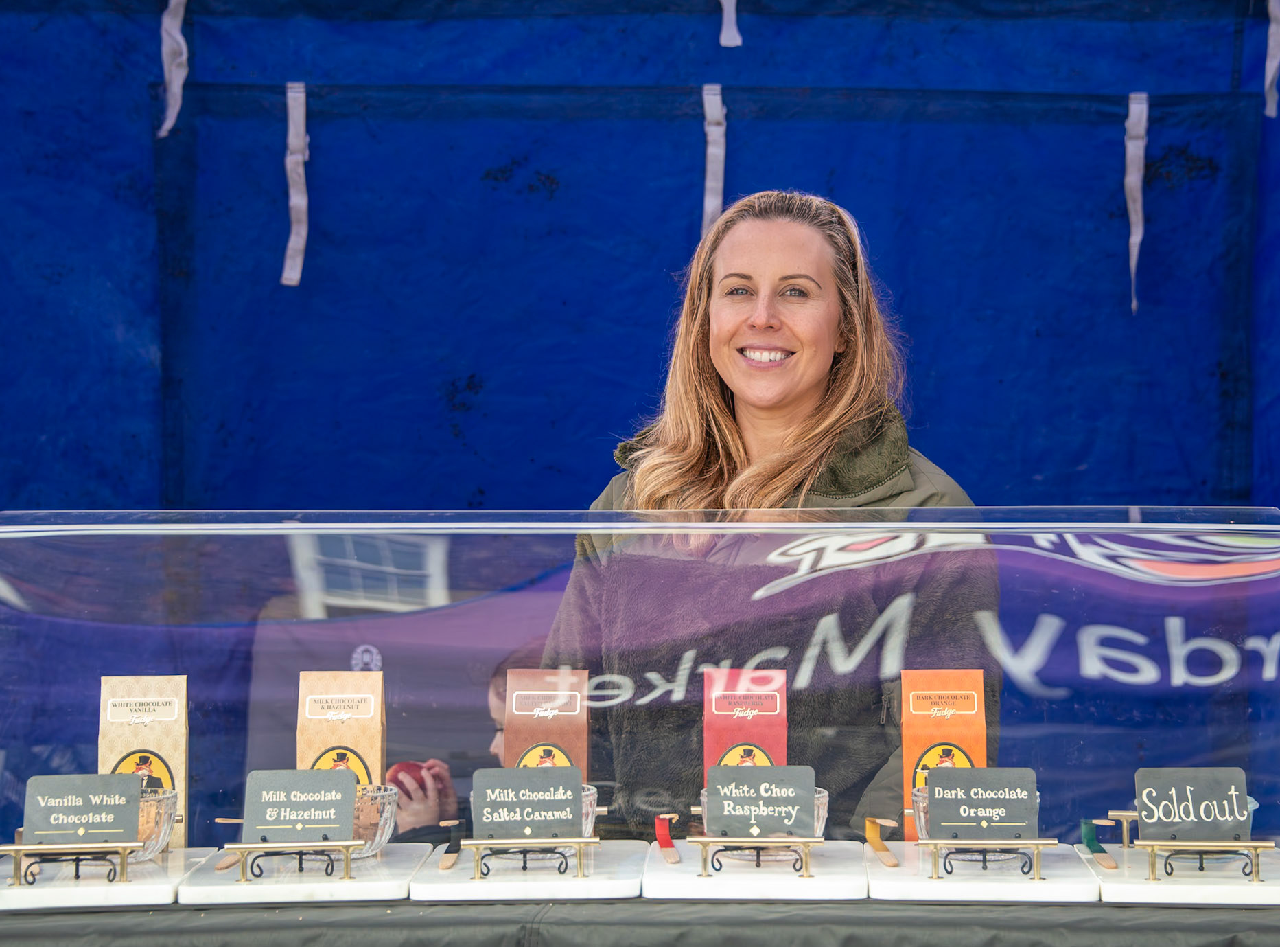 Vicky at her stall: The Coach House Fudge, Deal Market, 21st March, 2025. wwwthecoachhousefudge.co.uk