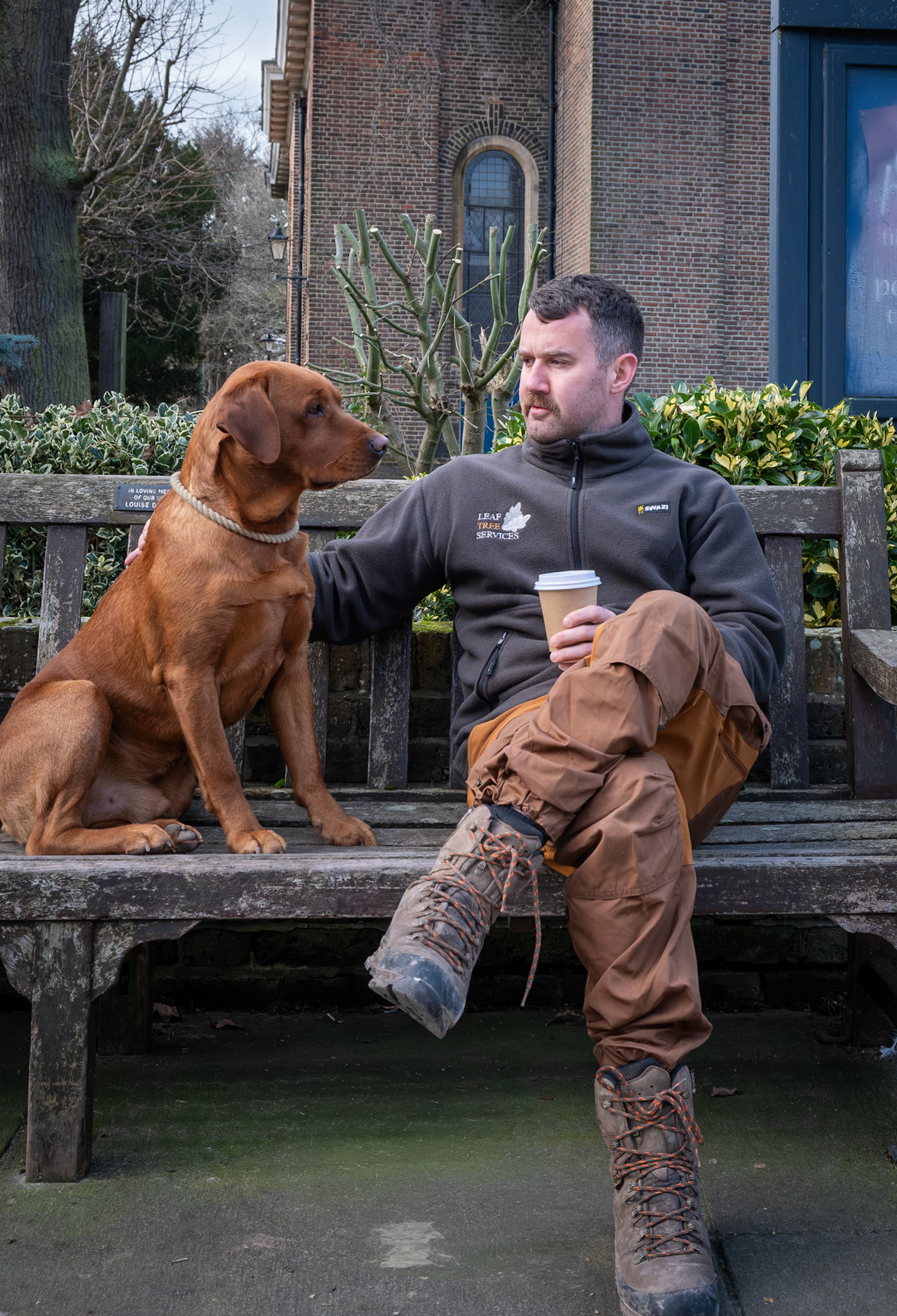 Tom and his dog Ralph, enjoying a break outside St Georges Church, 14th Feb. Tom is an arboriculturalist with Leaf Tree Services.