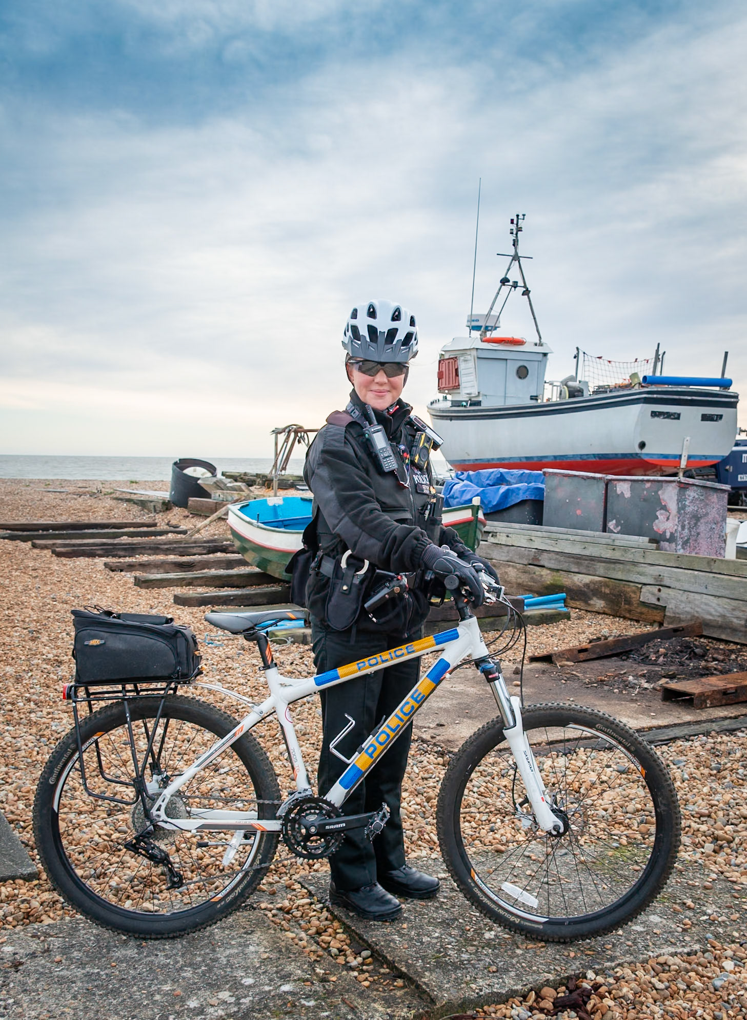 Sophie Bramble, Town Beat Police Officer for Deal and Walmer, on duty at the Royal Marines' Cold Dip at Walmer Beach this morning, 26th January, 2024.