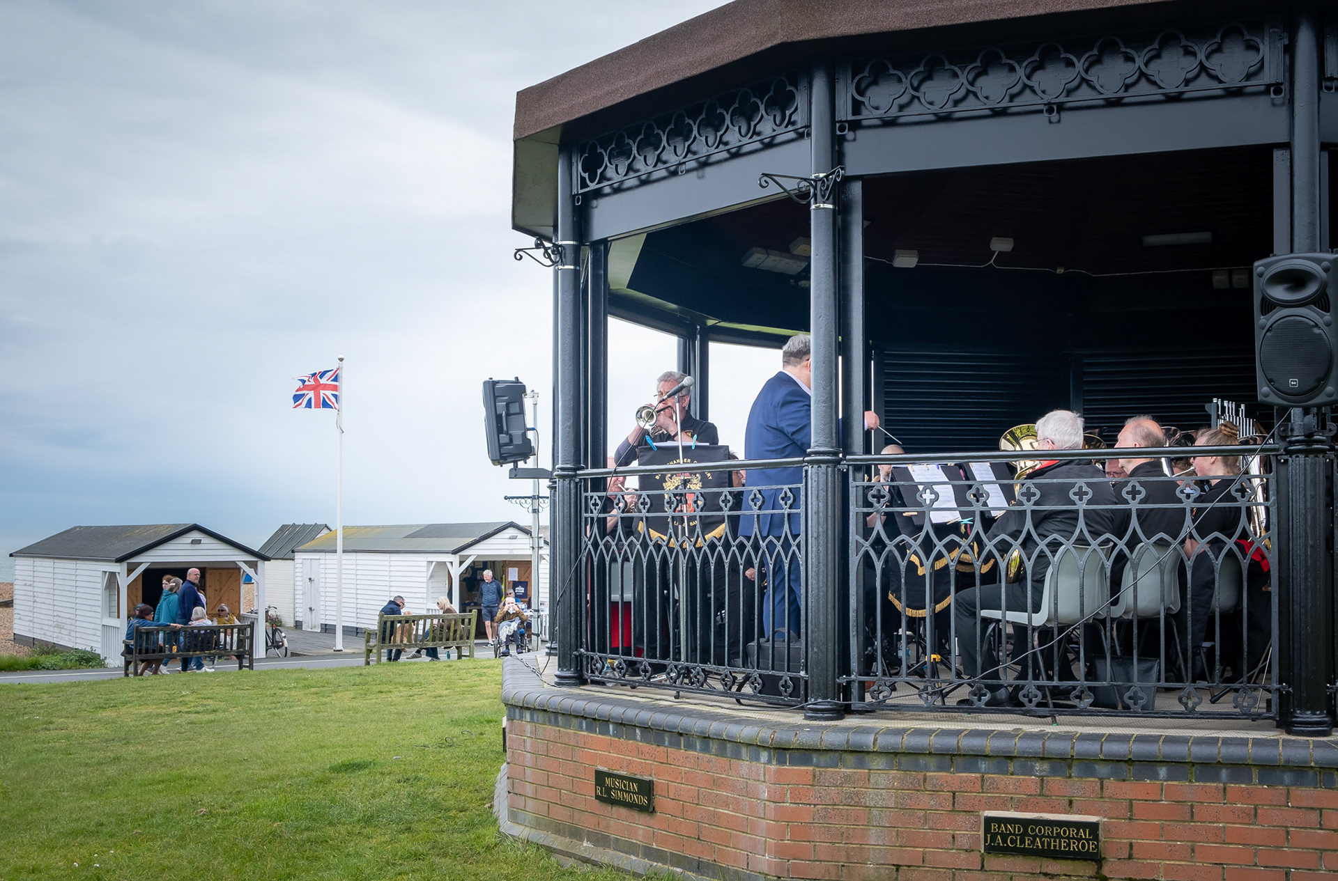 Betteshanger Brass Band open this season's Sunday concerts at the Memorial Bandstand, Walmer Green. 5th May, 2024.