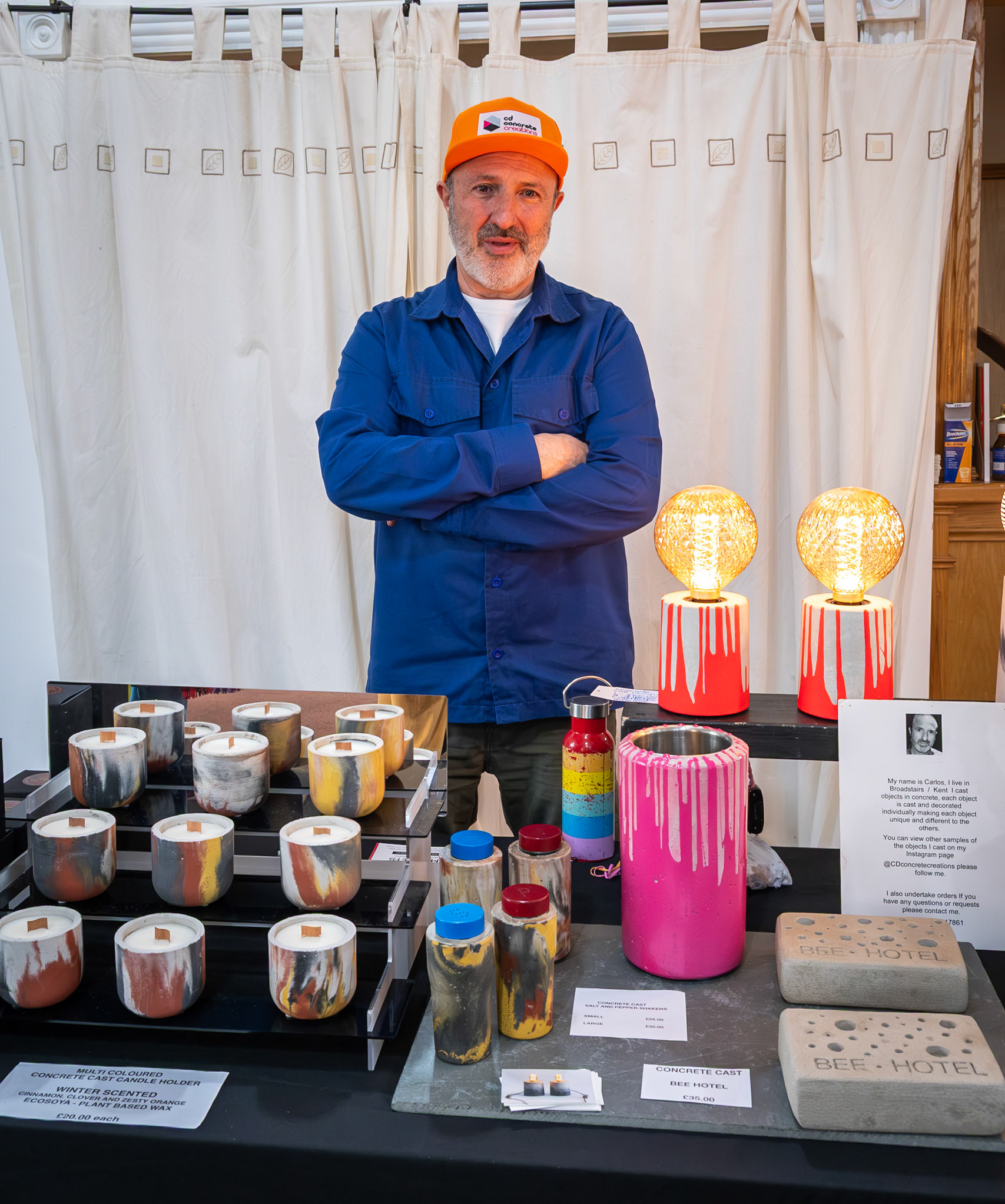 Carlos, a commercial photographer from Broadstairs who casts decorative objects in concrete. The Makers Market, Landmark Centre, 13th December, 2025. 