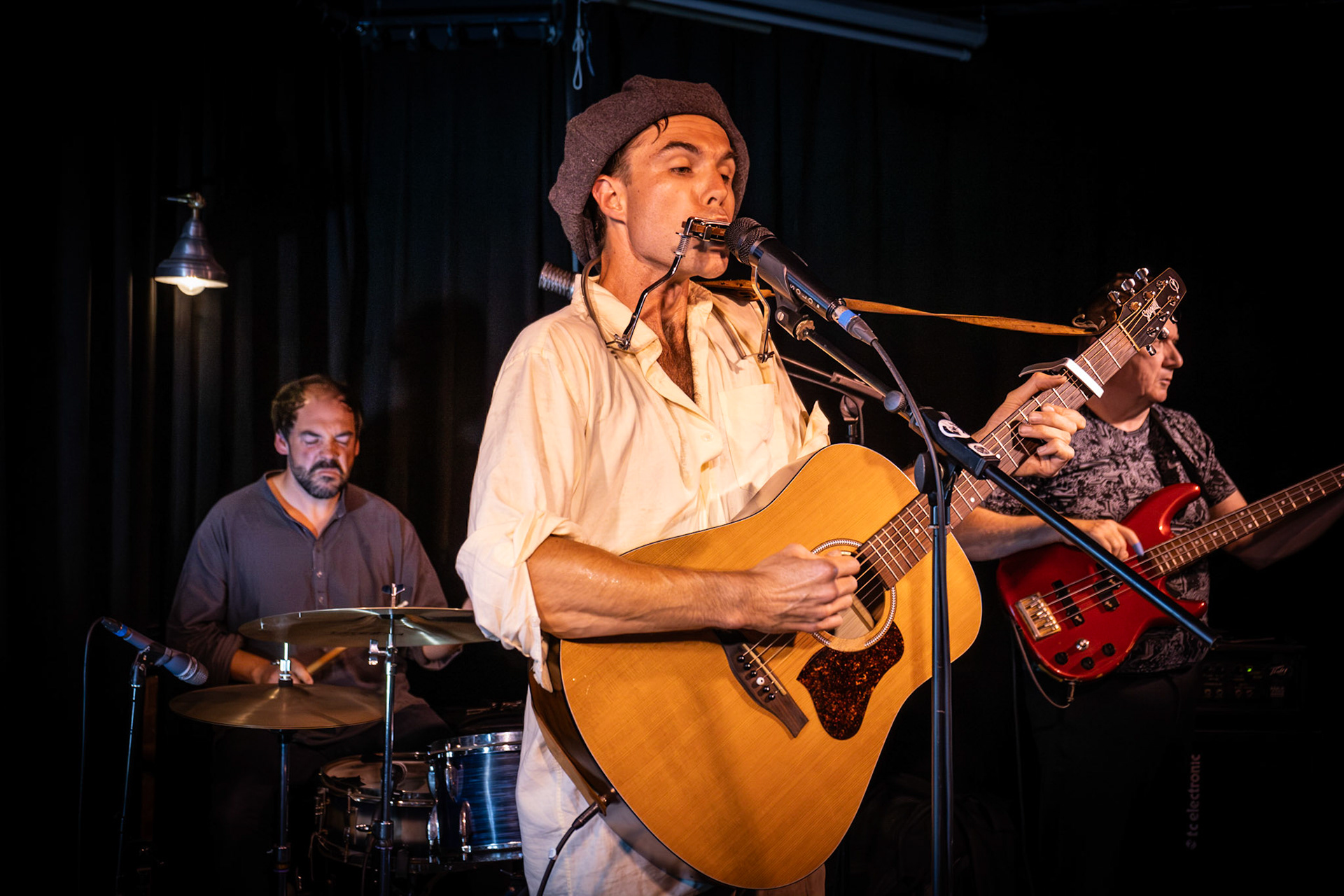 Blues trio at The Lighthouse Music and Arts Pub, The Strand, Walmer Green, this evening 27th August, 2023. Callum Sutton on vocals, guitar & blues harp; Kevin Dore on bass; and drums from The Lighthouse’s very own James Hatton!