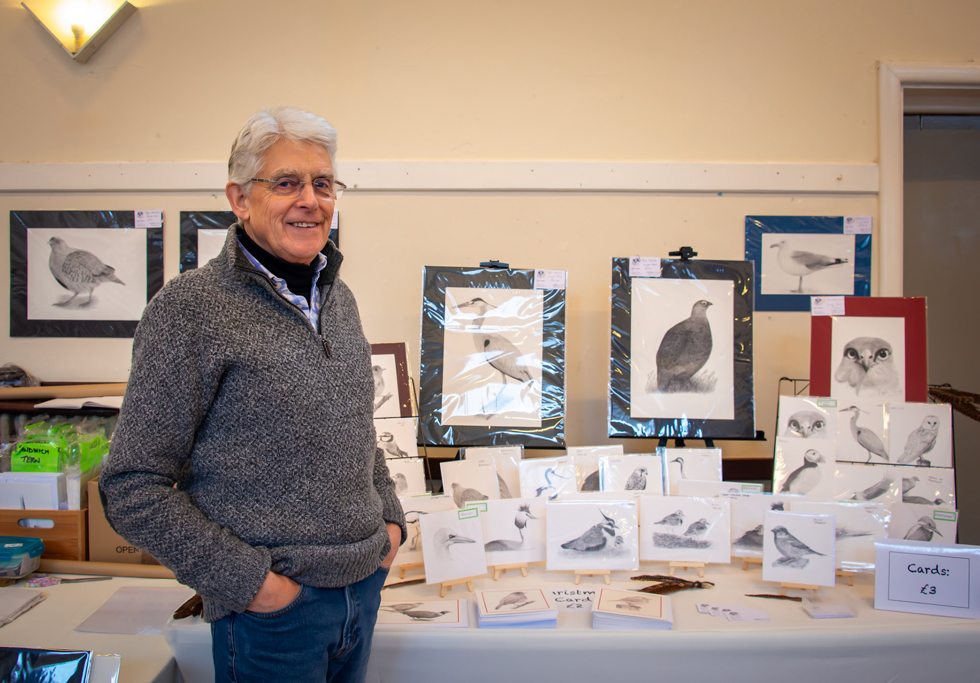Peter Lagrue showing prints of his wonderful pencil drawings of birds at the Arts and Crafts show, St George's Hall, 23rd November, 2024. www.lagrue.co.uk