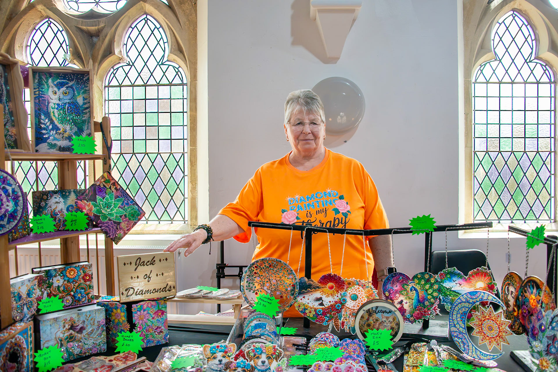 Jackie, of Jack of Diamonds Art. Craft Fair for the Leaps and Bounds Community Project, The Landmark Centre, 12th April, 2025. The project promotes independence and provides skills for adults with learning disabilities.