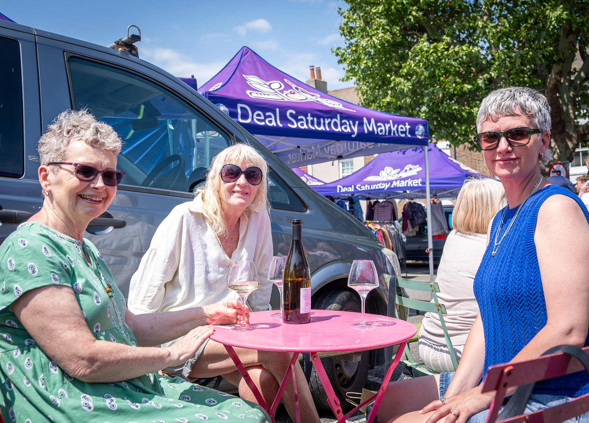 Maureen, Deborah and Sarah enjoying the sun at Pascal's Wine Stall, Deal Market, 14th June.