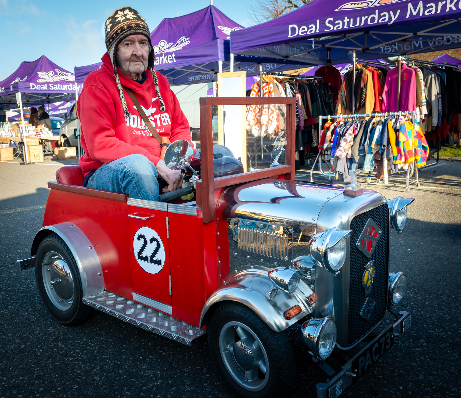 Peter Chittenden, Experimental Inventor, maker of musical instruments, banjo teacher, one man band busker and converter of mobility scooters into fantastic mini-vehicles. Deal Market, 14th December, 2024.