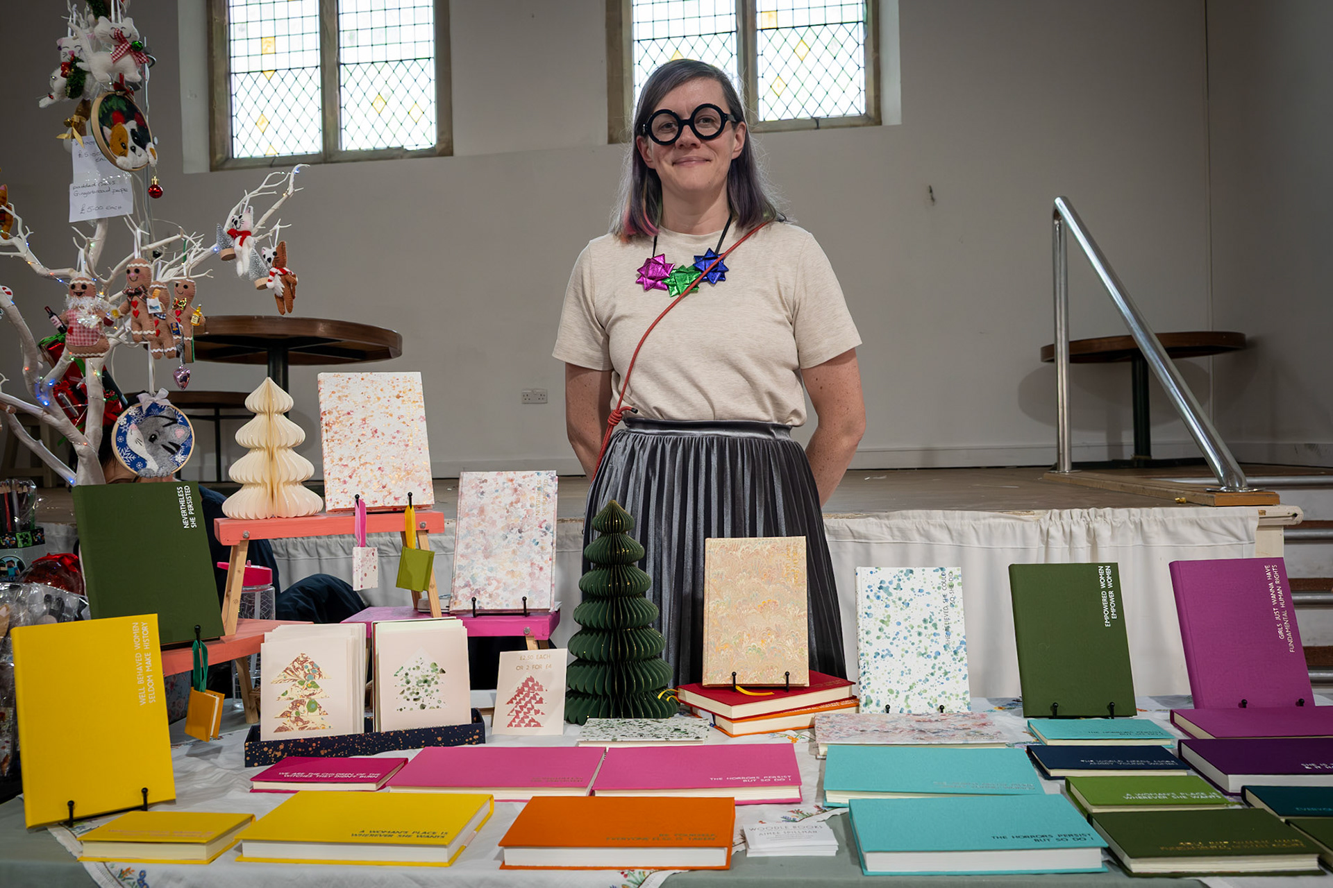 Aimee Spillman maker of bespoke, handmade books at her stall at the Deal Craft Fair, Landmark Centre, Saturday, 6th December, 2025.
