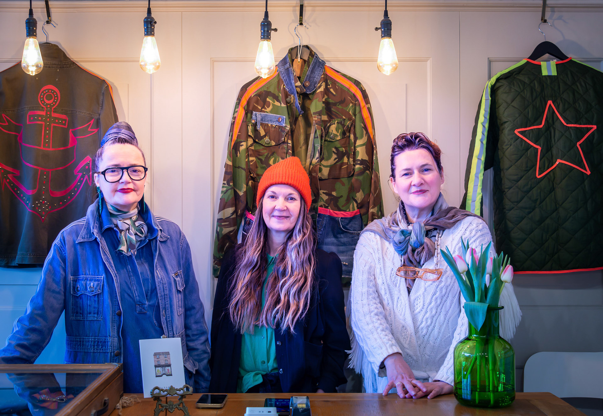 Roni Lang, Shellie May and Debbie Jeffery at the Mrs Lang Boutique. Roni is the Customising Queen and owner of Mrs Lang. Shellie is a specialist in vintage linen, embroidery, print and cutwork. Debbie is a designer at Blaqua. Mrs Lang Boutique, 22nd March, 2024.