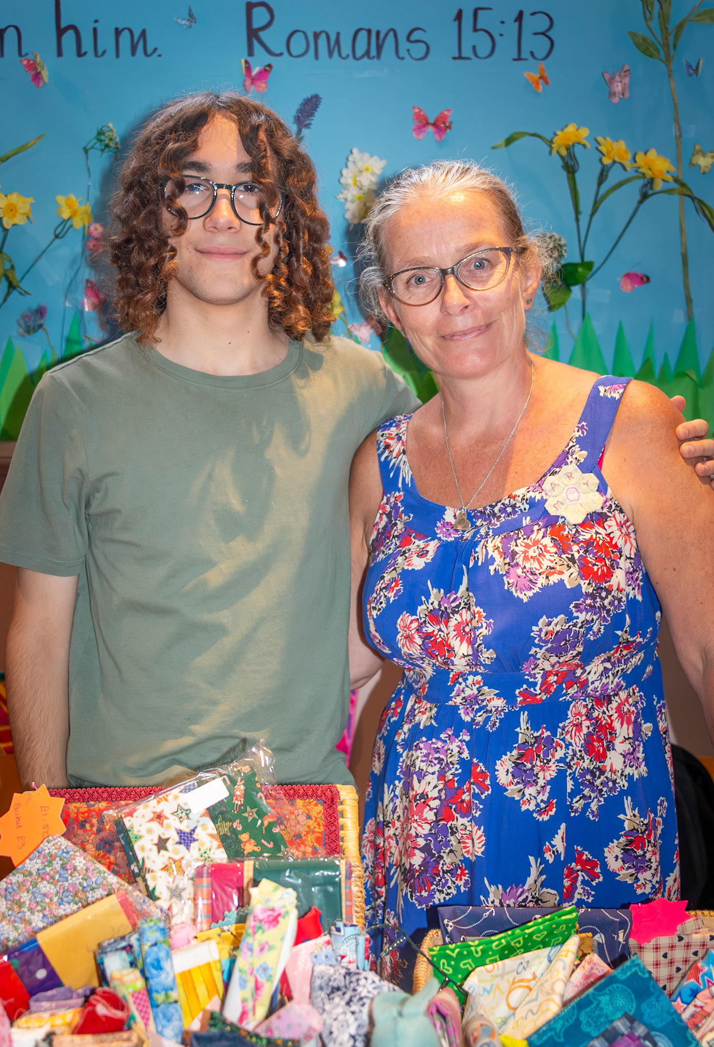 Mary and her son with some of the very talented ladies of the Deal Dragonfly Quilting Group at their exhibition at St George's Church, 23rd August, 2025.